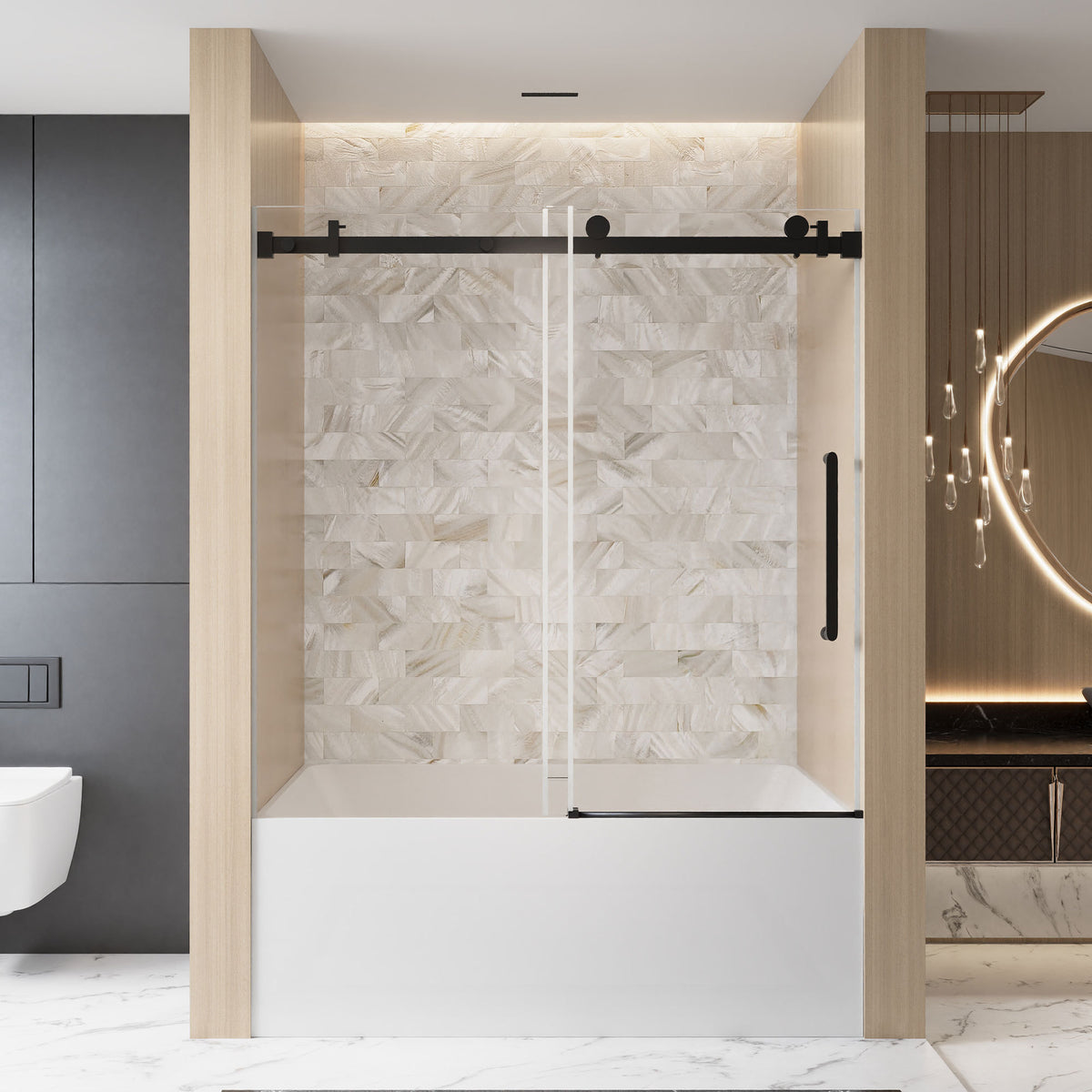 Frameless Single sliding shower door  56-60 'W x 60' H, 1/4 '(6 mm) Clear Tempered Glass, Explosion Proof Film, Stainless Steel Handle,Square Tube Track ,Matte Black