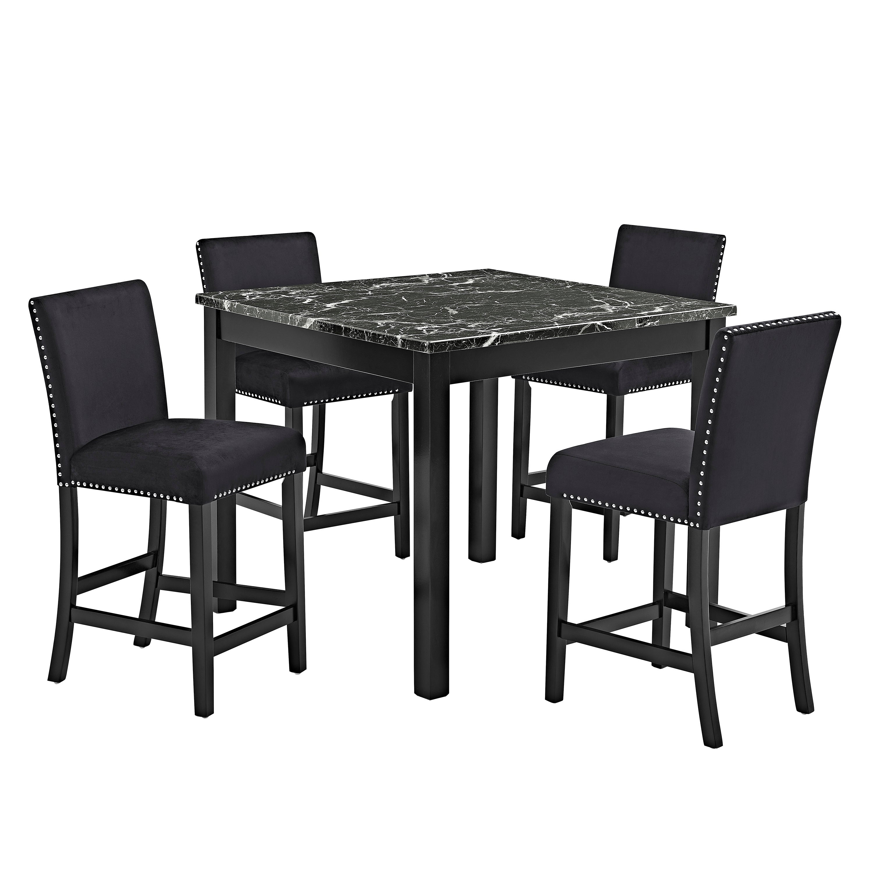 Contemporary 5pc Counter Height Dining Set with Faux Marble Table and Upholstered Chairs, All Black