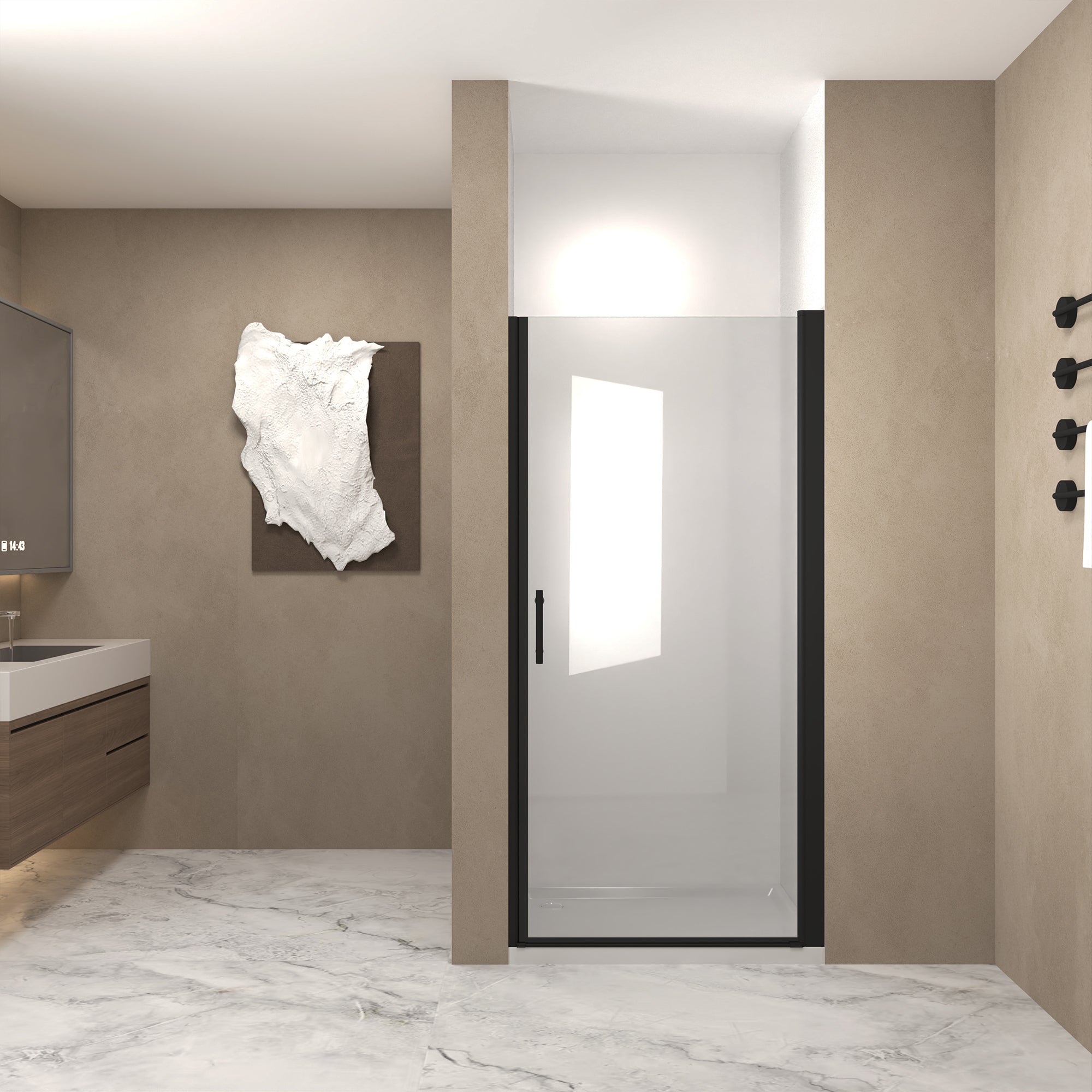24'x 72' Pivot Shower Door, Matte Black Aluminum Frame, Half Frame ,1/4'(6mm) Tempered Glass Explosion Proof Film