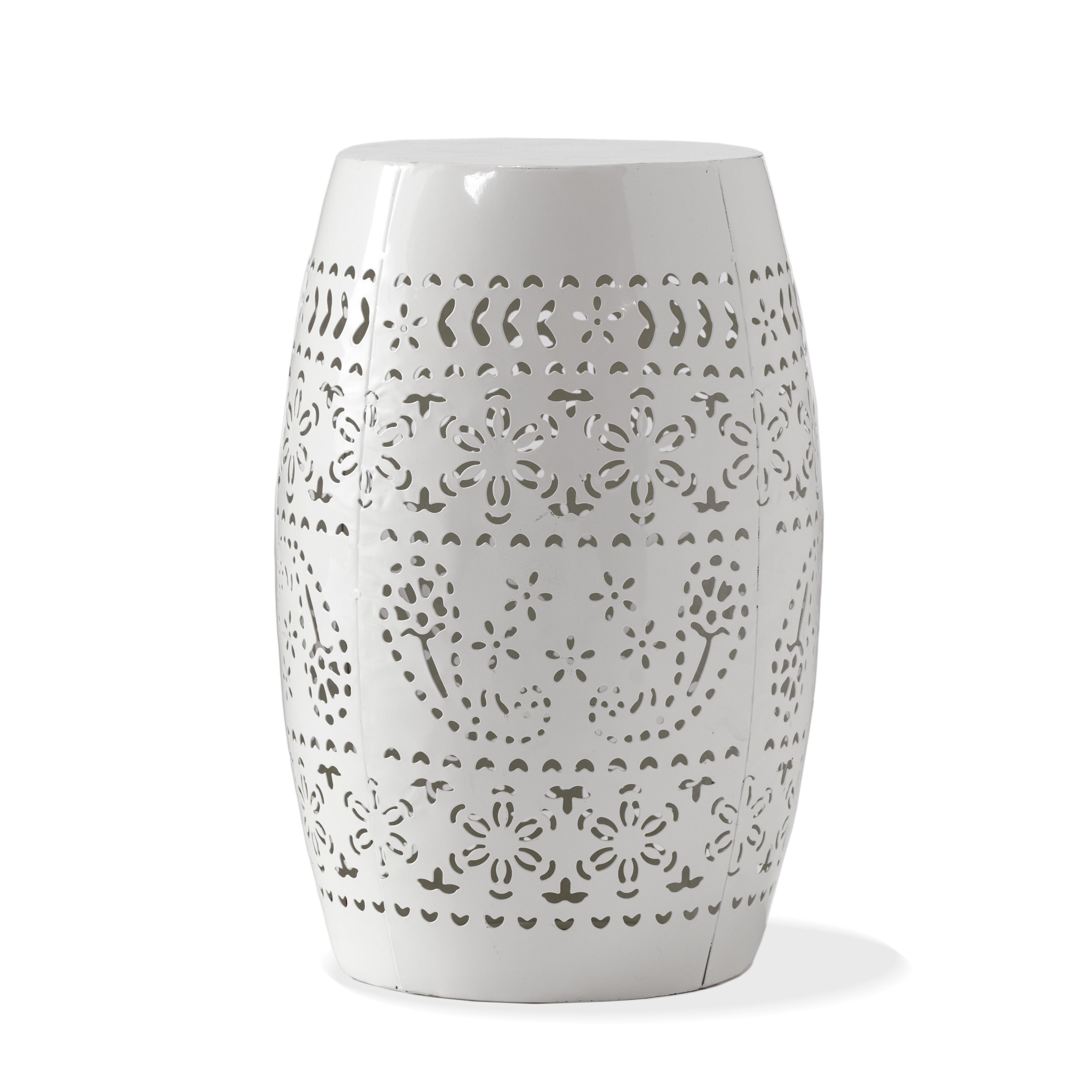 Transitional Ruby Side Table with Lace-Cut Design in White Iron, 12.25 x 12.25 x 18 Inches