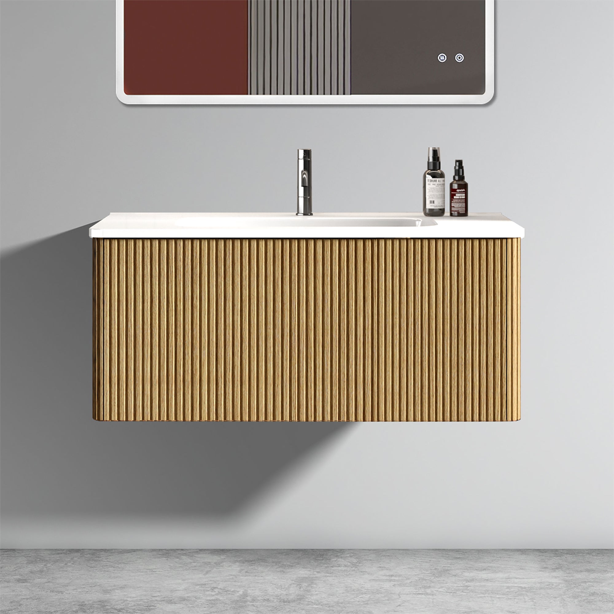 U088-Etna36W-306 Etna 36'Striped Natural Oak Bathroom Vanity with White Ceramic Sink, Wall Mounted Floating Bathroom Vanity for Modern Bathroom, One-Piece White Basin without Drain, Pre-assembled