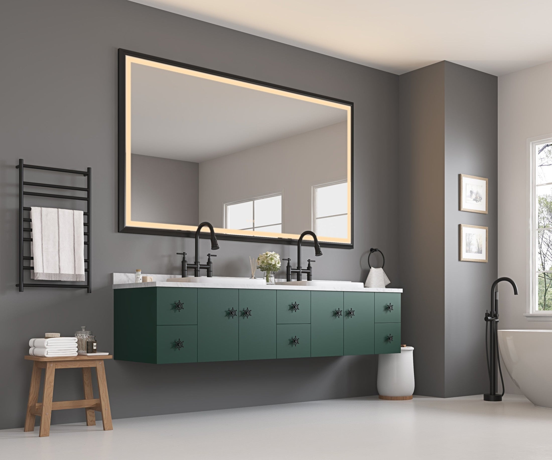 84in. W x 48in. H Oversized Rectangular Black Framed LED Mirror Anti-Fog Dimmable Wall Mount Bathroom Vanity Mirror  HD Wall Mirror Kit For Gym And Dance Studio 48X 84Inches With Safety Ba