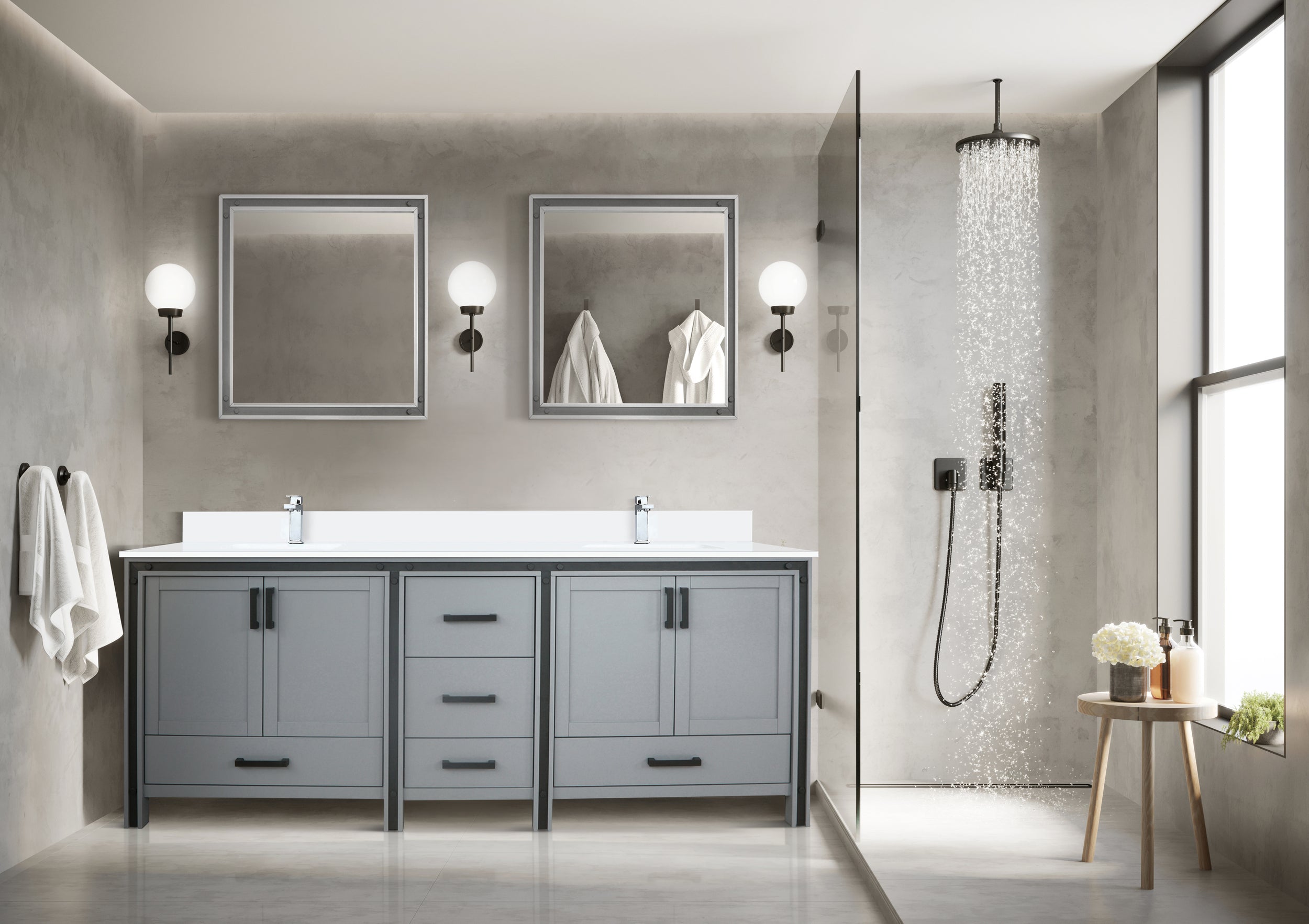 Dark Grey Double Bath Vanity 84 in. W x 22 in. D, with White Quartz Top