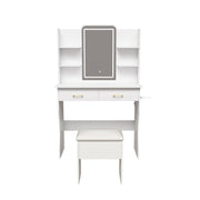 Vanity Desk with LED Lights Mirror, Power Outlet, Storage Drawers & Chair, White MDF, 35.43 x 15.75 x 53.94 inches