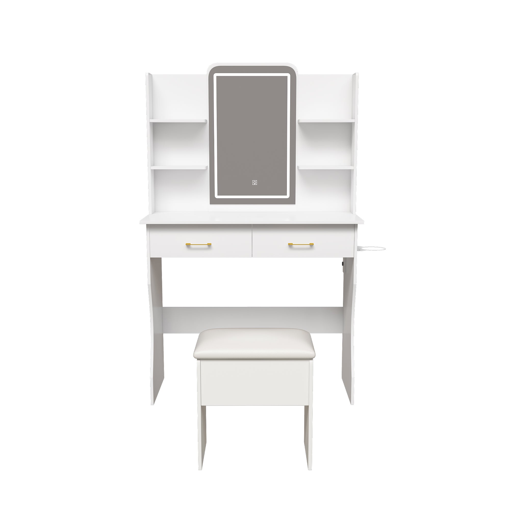 Vanity Desk with LED Lights Mirror, Power Outlet, Storage Drawers & Chair, White MDF, 35.43 x 15.75 x 53.94 inches