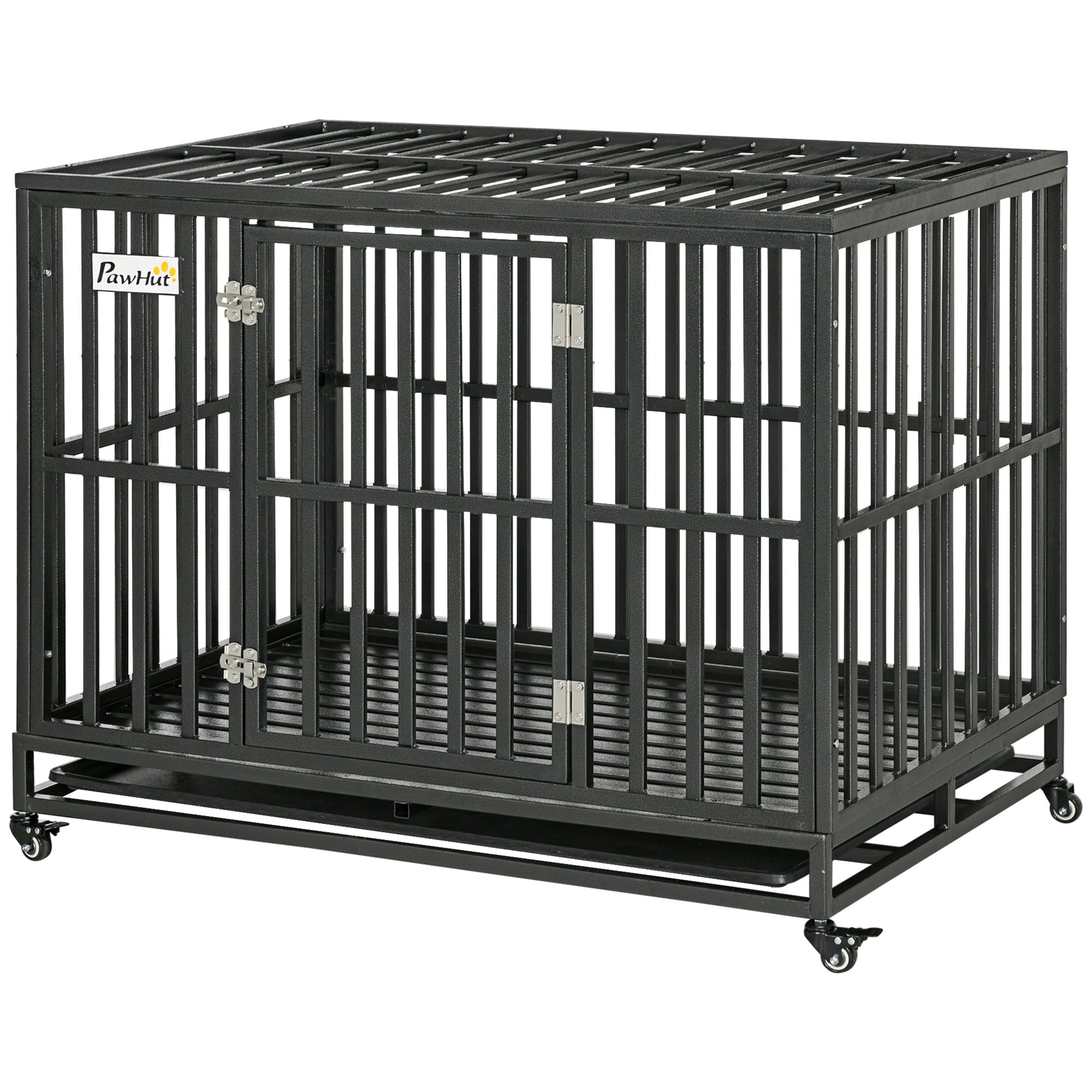 PawHut Heavy Duty Dog Crate Metal Kennel and Cage Dog Playpen with Lockable Wheels, Slide-out Tray and Anti-Pinching Floor, 45' x 29.5' x 35'