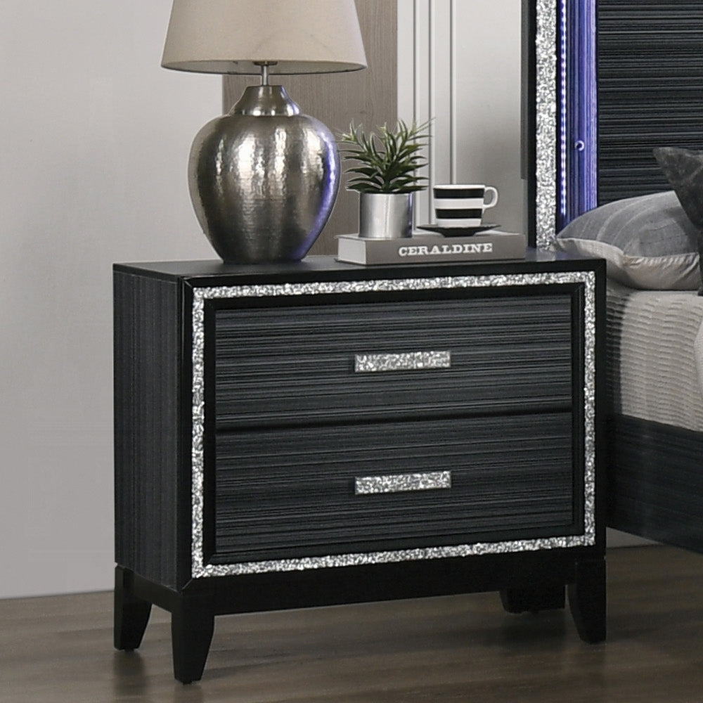 Contemporary Bedroom Furniture Black Finish Nightstand with Two Drawers Wooden 1pc Shimmering Silver Trim Accent