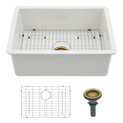 30' Undermount Single Bowl Ceramic Kitchen Sink - Dual Mount White Rectangular Deep Bowl with Stainless Steel Grid and Strainer