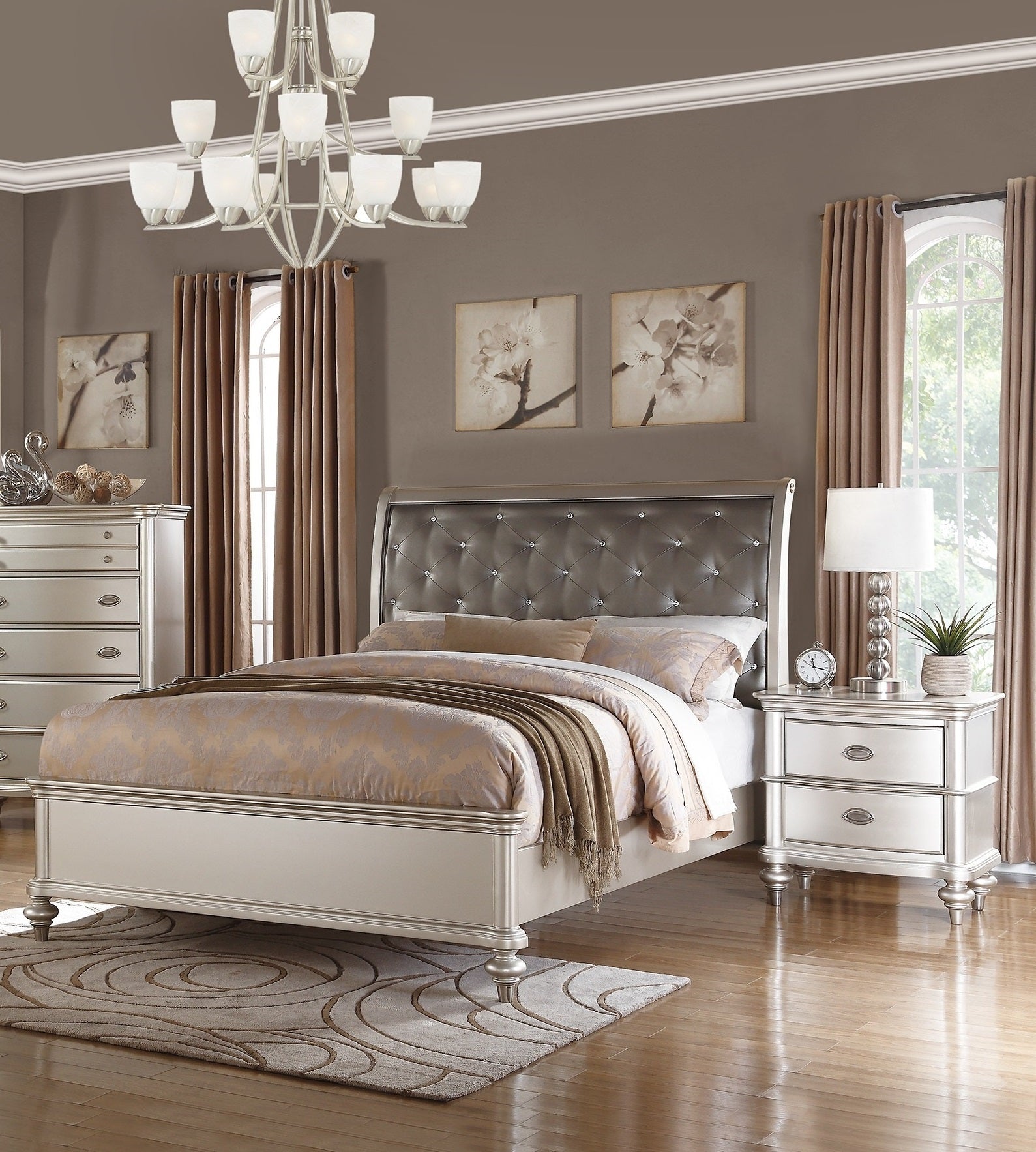 Silver Faux Leather Glamorous 3pc Bedroom Set Eastern King Size Bed 2x Nightstands Tufted Headboard Furniture