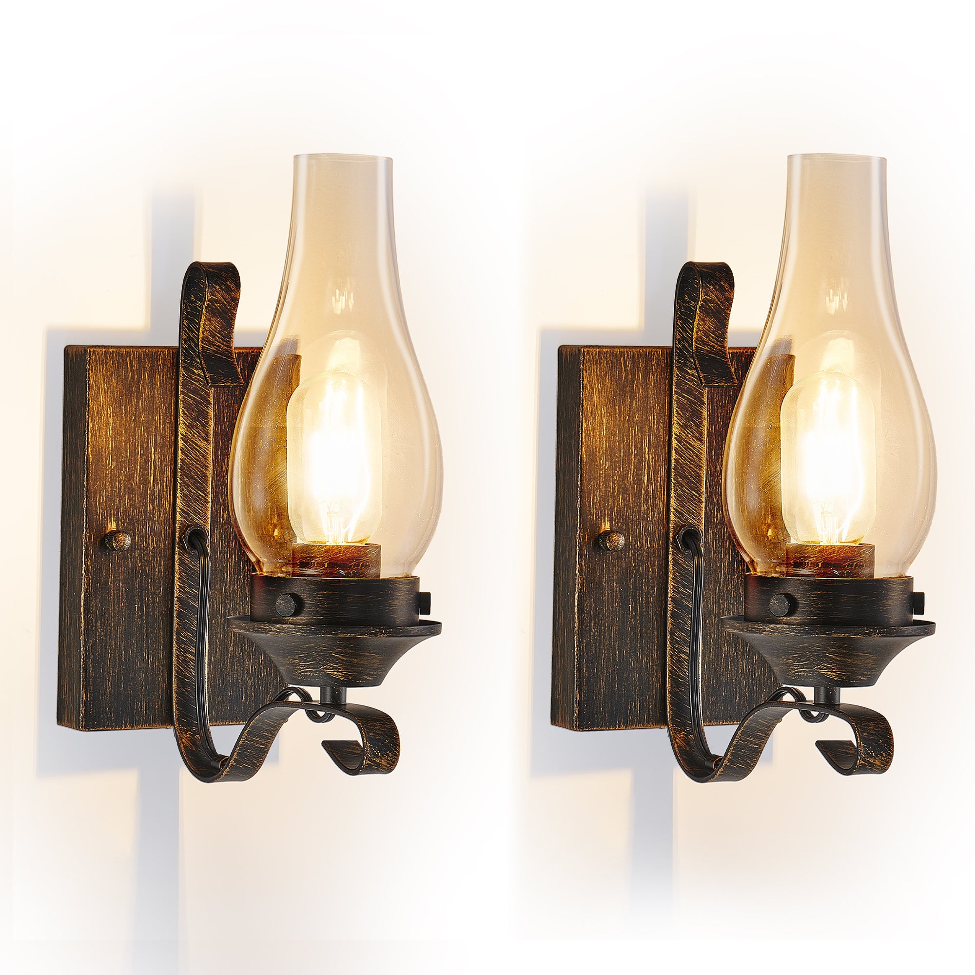 (Only Supports Hardwired) Rustic Farmhouse Wall Sconces Set of 2, Vintage Industrial Plug-in Wall Lights with Clear Glass Shade, Black and Gold Finish for Bedroom, Living Room, or Hallway (No Bulbs)