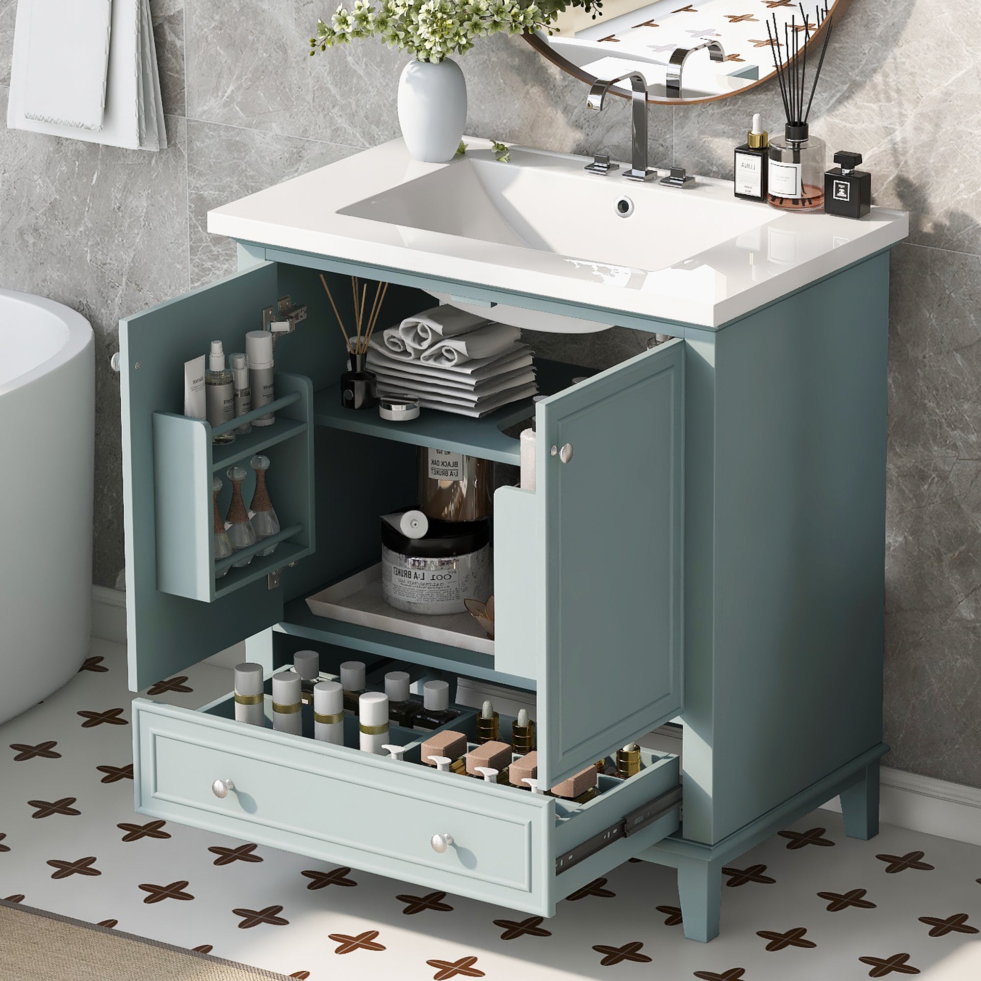 30' Bathroom Vanity with Sink Combo, Multi-functional Bathroom Cabinet with Doors and Drawer, Solid Frame and MDF Board, Green (Old Sku:SY999606AAC)