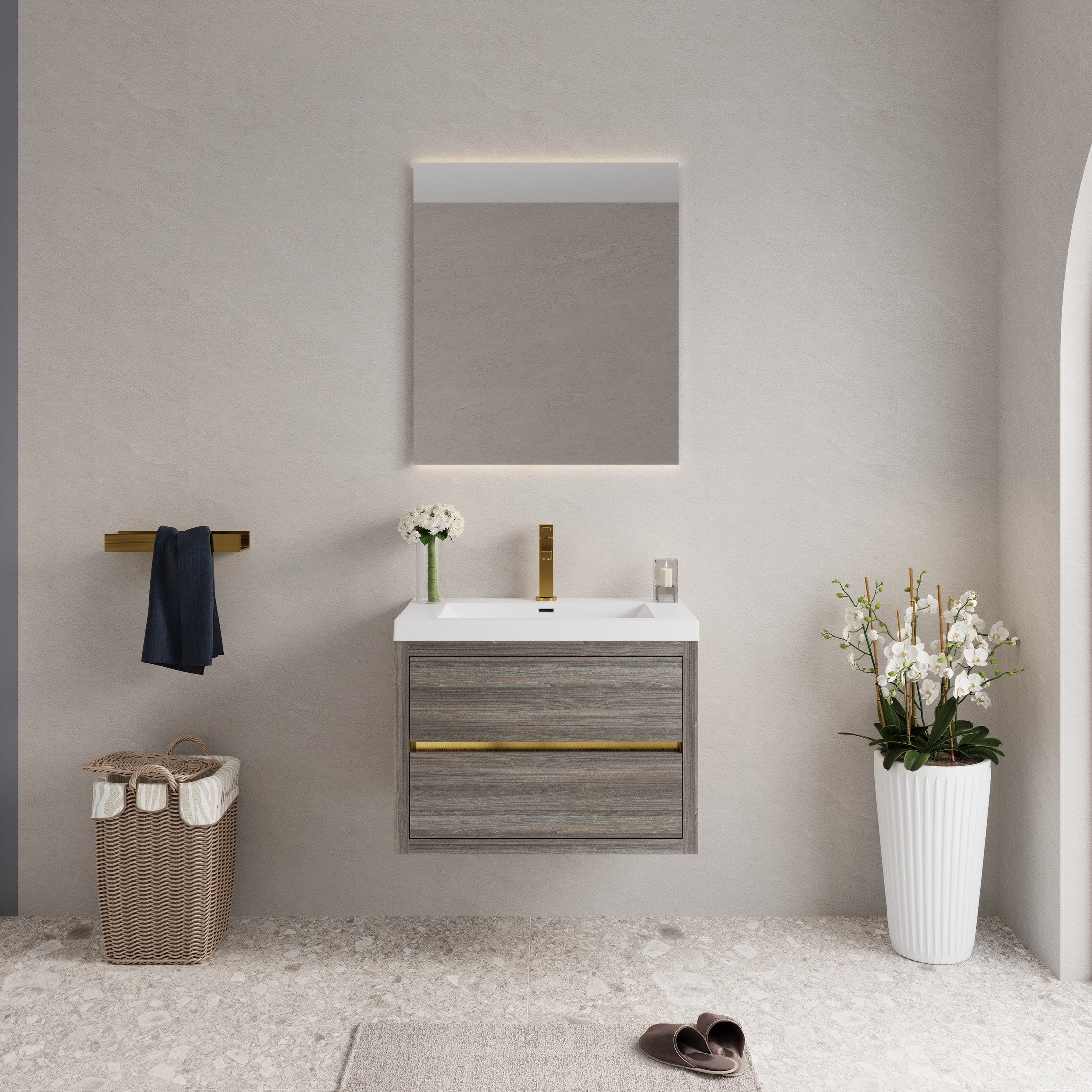 30' Wall-Mounted Bathroom Vanity with Sink, Floating Bathroom Storage Cabinet with Stone Resin Countertop and Soft Close Drawers, Ash Grey 24V15-30AG