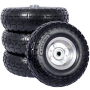 Heavy-Duty Flat free PU foam Tire and Wheel - 4.10/3.50-4',  10' Diameter, 5/8' Axle Bore Hole, 2.2' Offset Hub and Double Sealed Bearings for Hand Trucks Replacement, Black color with silver rim