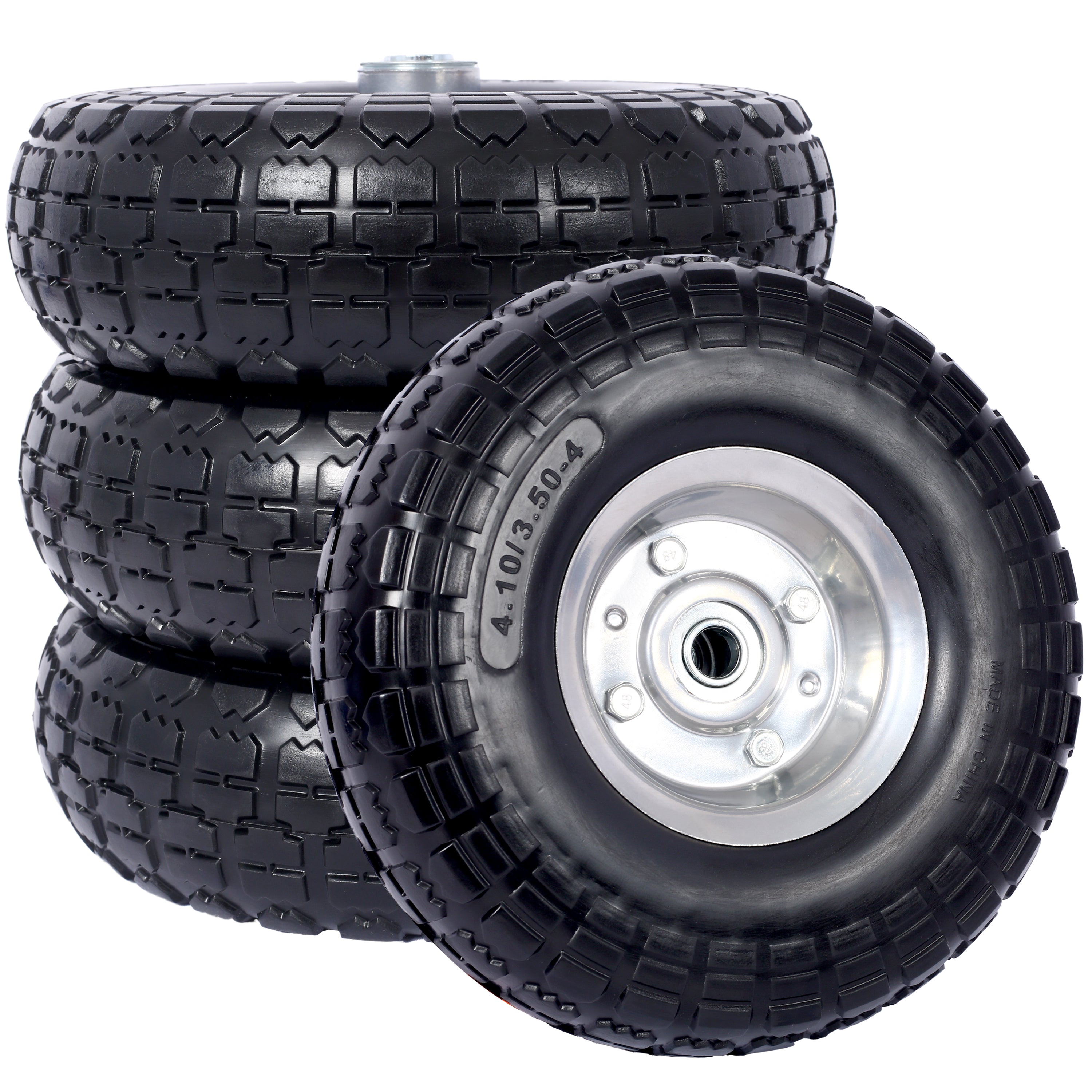 Heavy-Duty Flat free PU foam Tire and Wheel - 4.10/3.50-4',  10' Diameter, 5/8' Axle Bore Hole, 2.2' Offset Hub and Double Sealed Bearings for Hand Trucks Replacement, Black color with silver rim