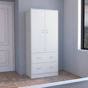 Taly Armoire with Double Doors, 2 Drawers, and Hanging Rod White