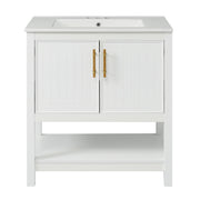 Elegant White 30-Inch Bathroom Vanity with Ceramic Sink and Ample Storage, Solid Wood and MDF