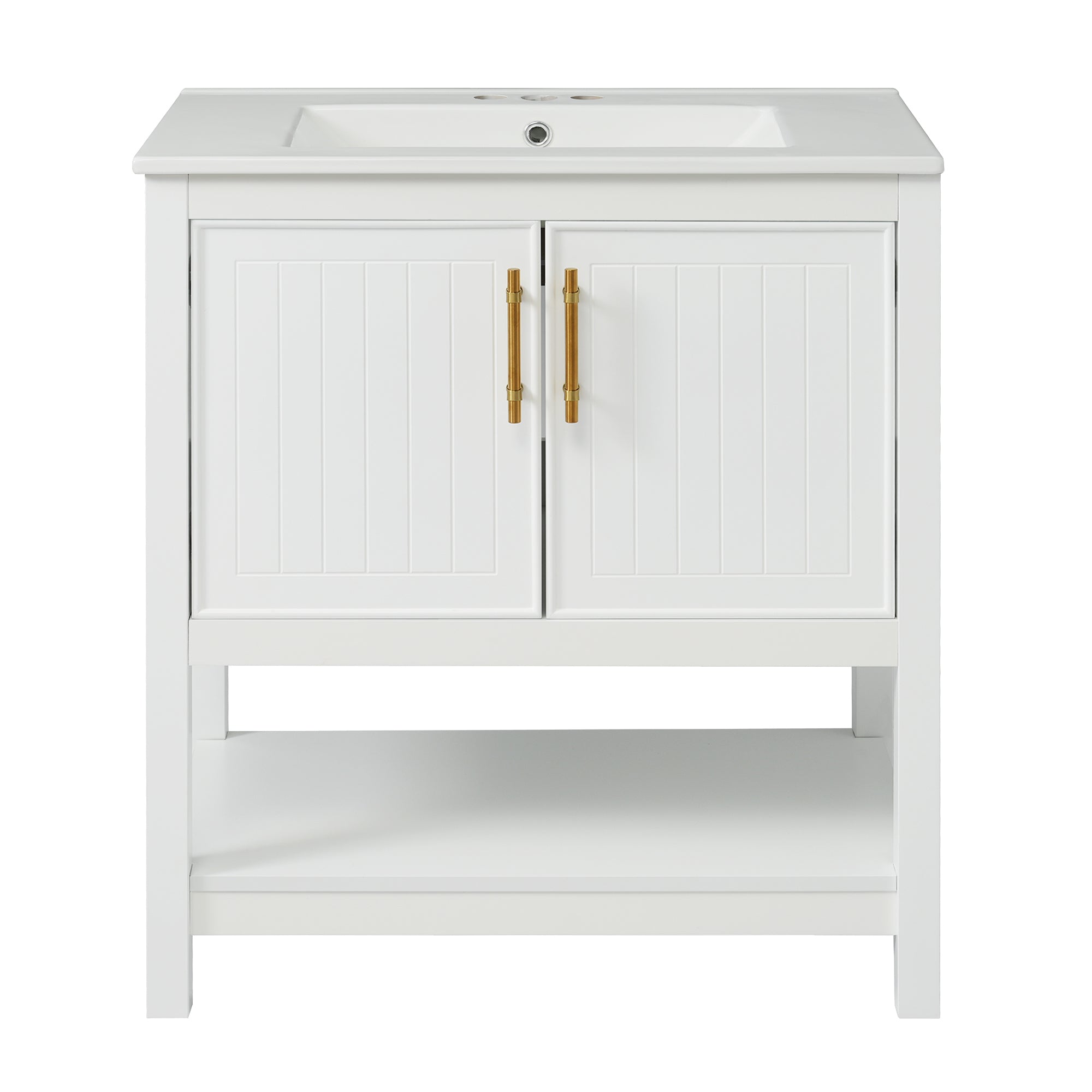 Elegant White 30-Inch Bathroom Vanity with Ceramic Sink and Ample Storage, Solid Wood and MDF