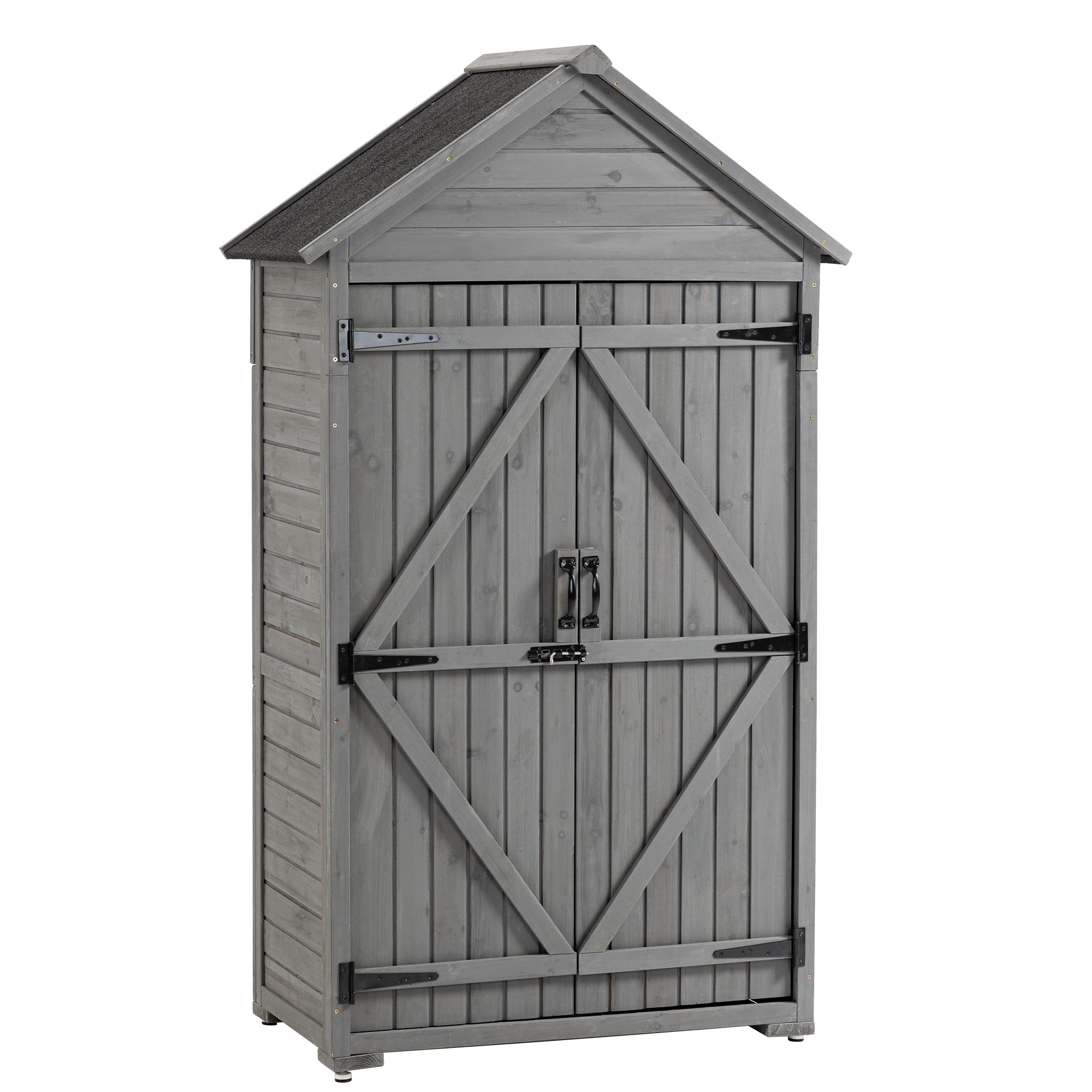 Outdoor Storage Cabinet Garden Wood Tool Shed with Shelves and Latch, Grey Fir Wood, 39.56'x 22.04'x 68.89'