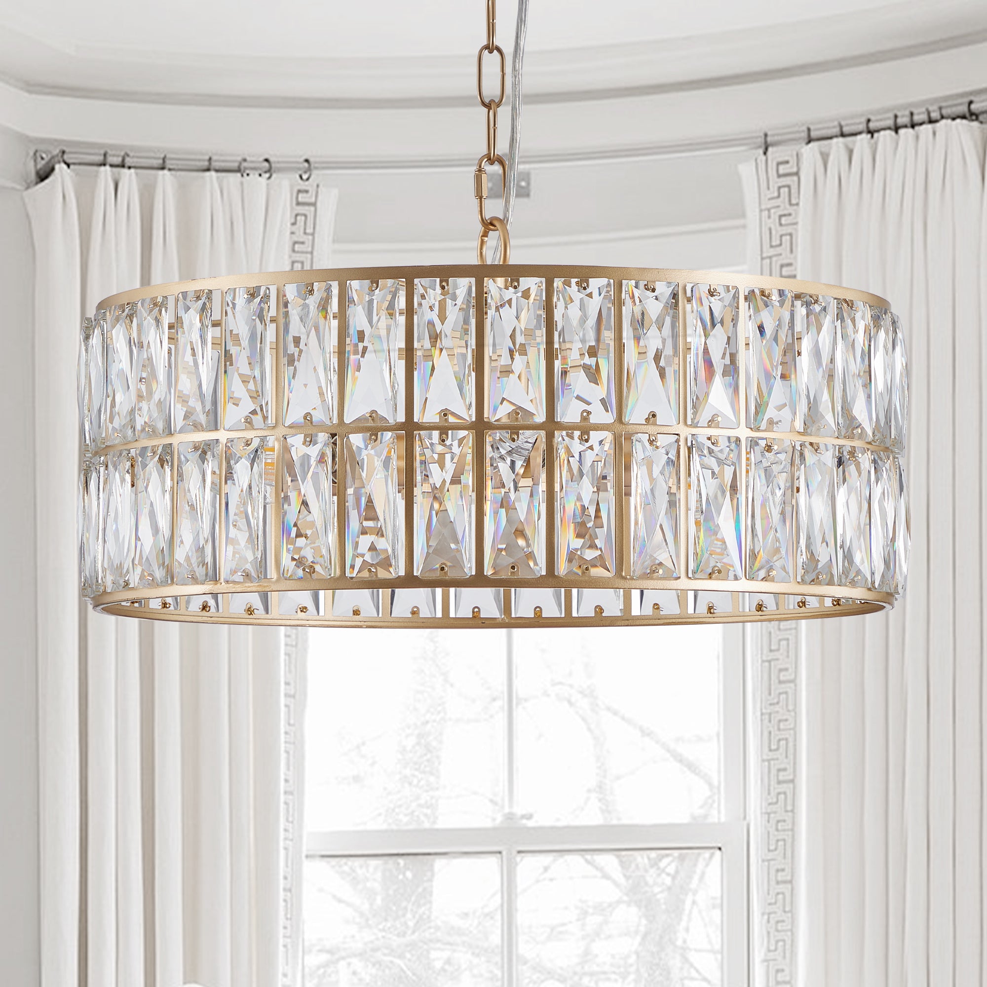 (L5025-450-G/W1340P189450)18' Golden Modern Crystal Drum Chandelier, 6-Light Pendant Lighting Fixture with Metal Frame for Living Room, Dining Room, and Bedroom (Bulbs Not Included)