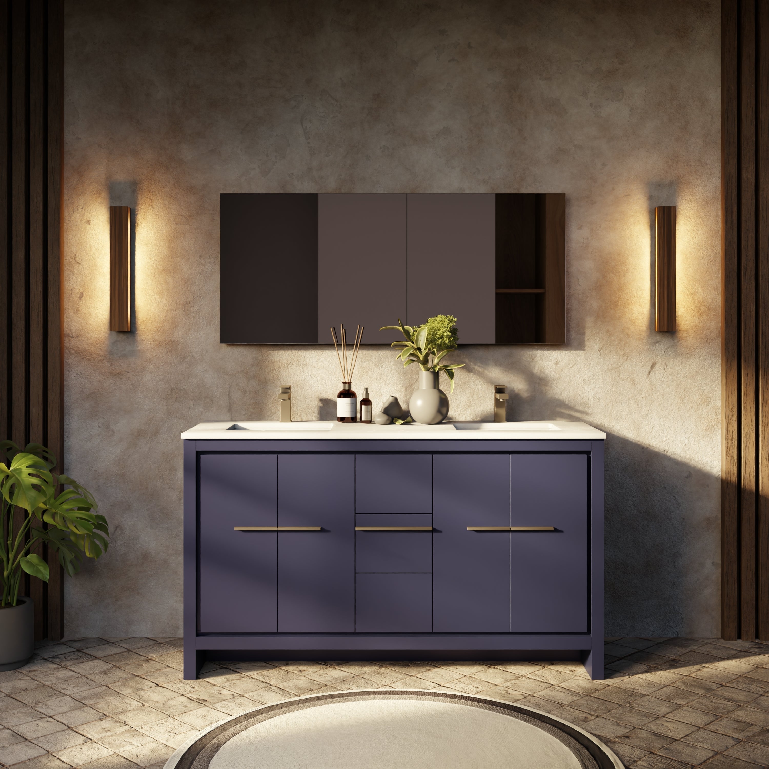 Navy Blue Double Bath Vanity 60 in. W x 20 in. D, with Cultured Marble Top
