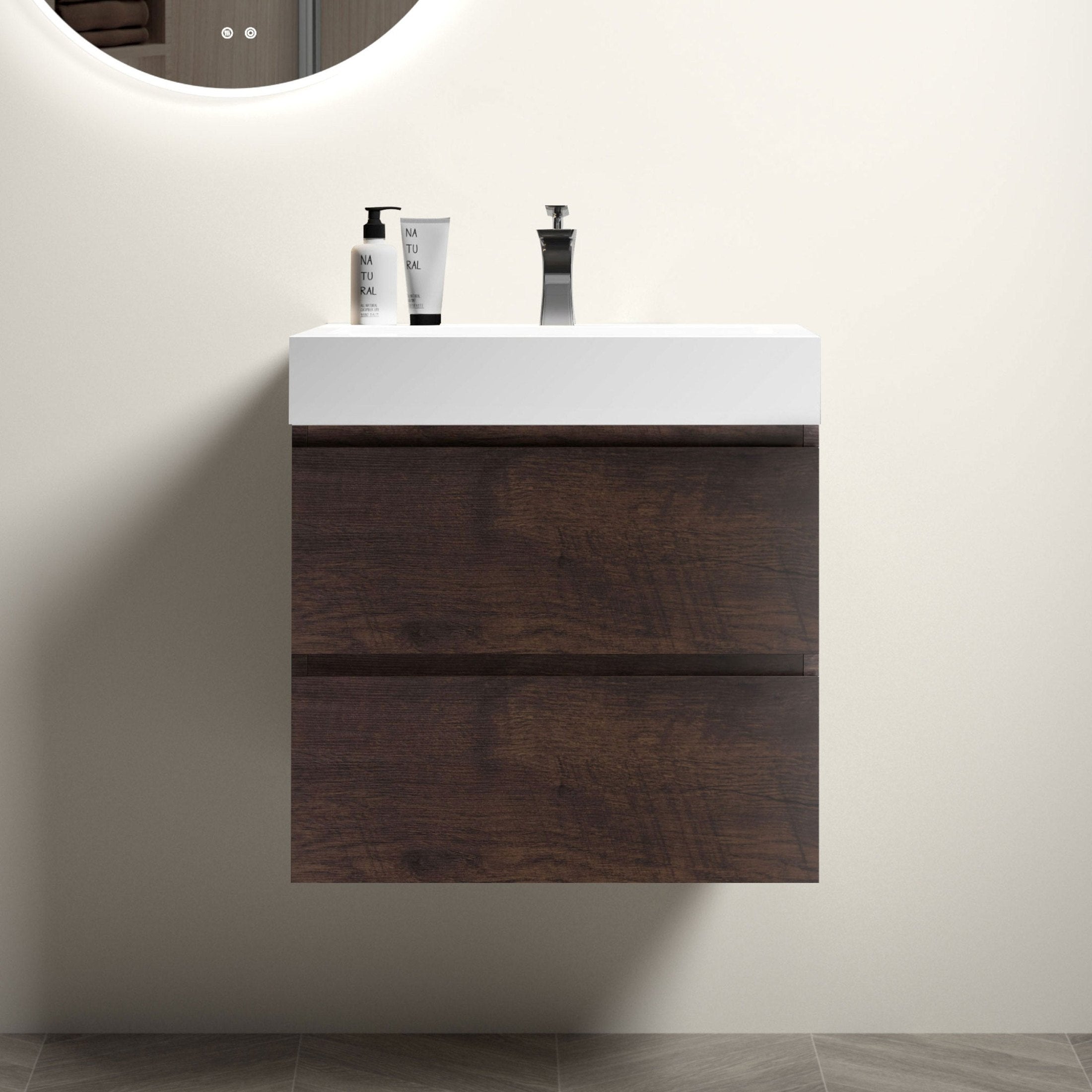 Alice 24' Walnut Bathroom Vanity with Sink, Large Storage Wall Mounted Floating Bathroom Vanity for Modern Bathroom, One-Piece White Sink Basin without Drain and Faucet, Pre-assembled