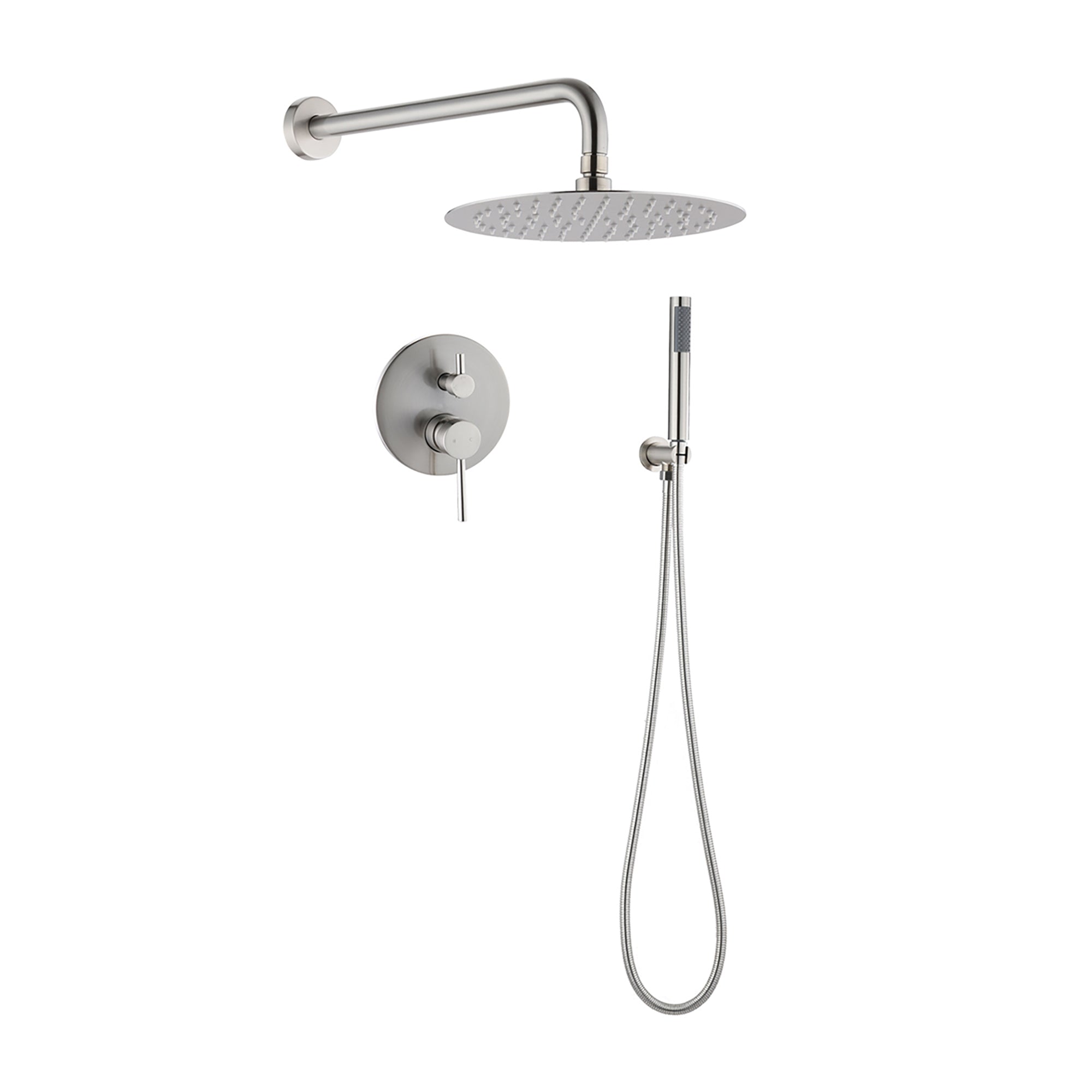 Elegant Brushed Nickel 10' Round Rain Shower Head and Handheld Set with Adjustable Tilt and Dual Modes