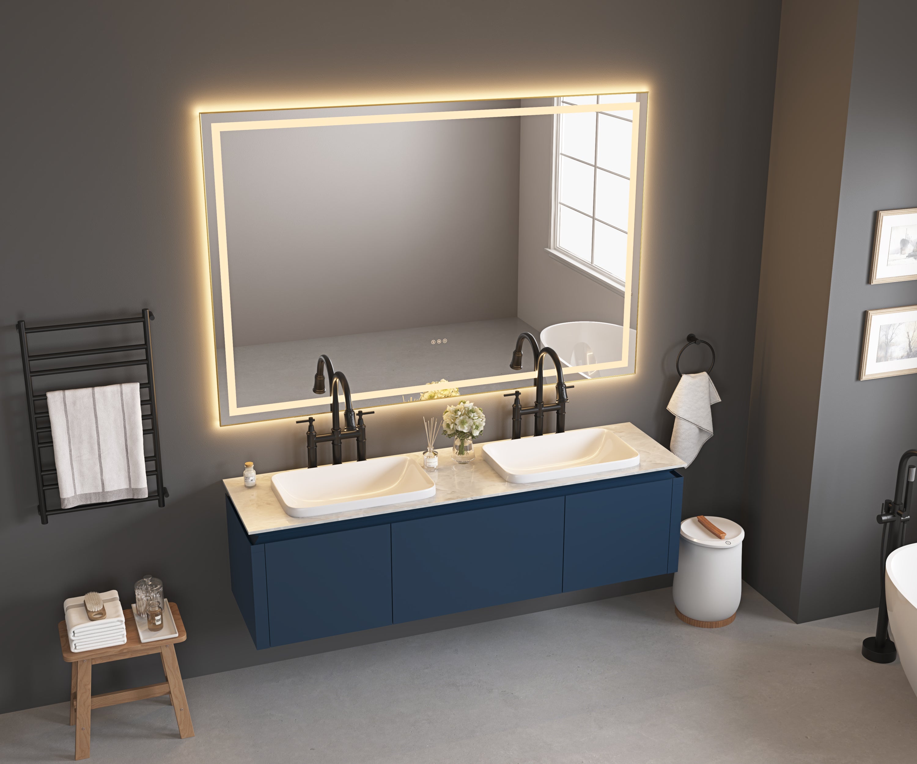 72 x 48 Inch LED Bathroom Mirror with Front and Backlight, Wall Mounted Vanity Mirror with Aluminum Frame, Anti-Fog, Memory, 3 Colors, Stepless Dimmable