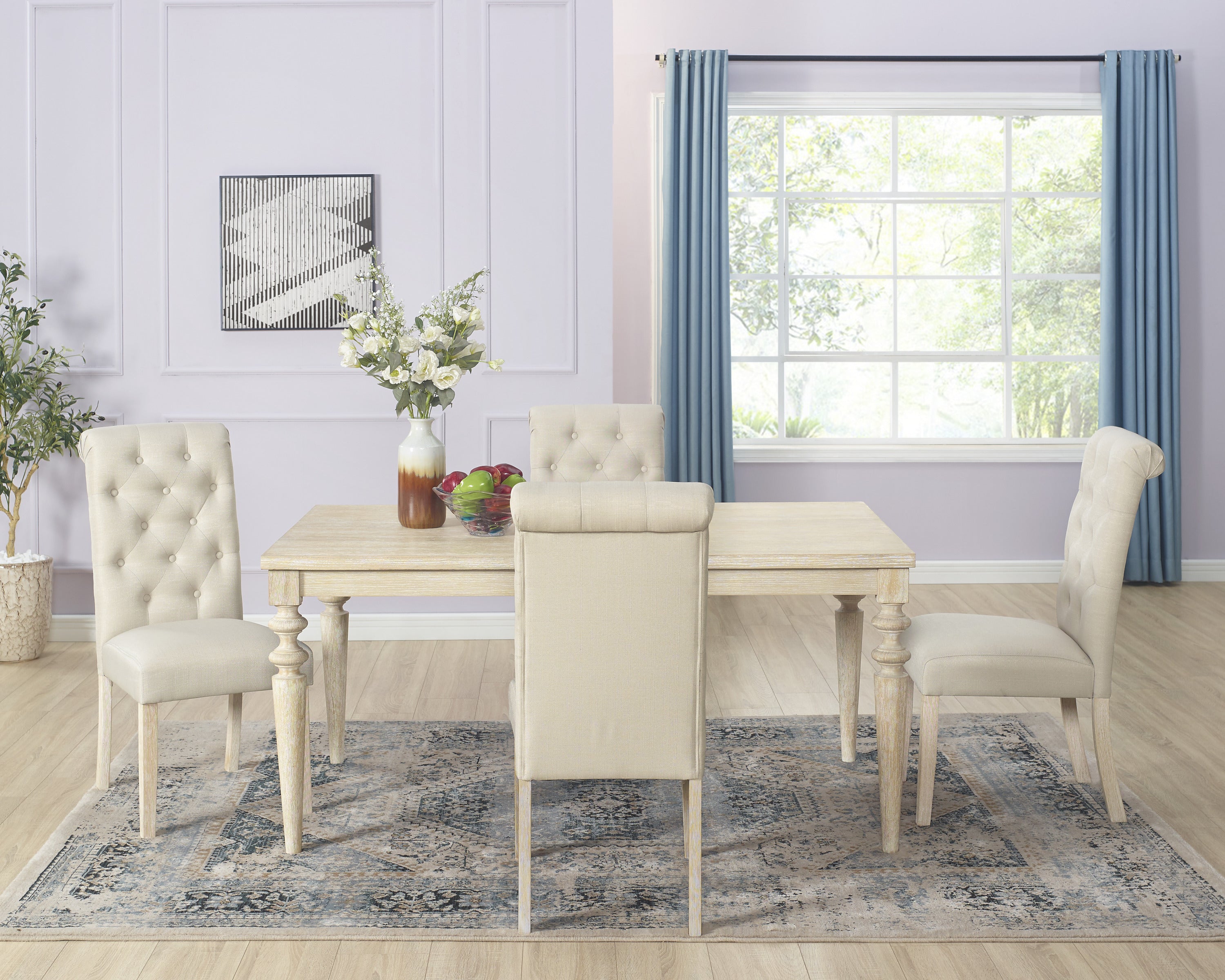 Amonia 5-piece Dining Set, Turned-Leg Dining Table with 4 Tufted Chairs