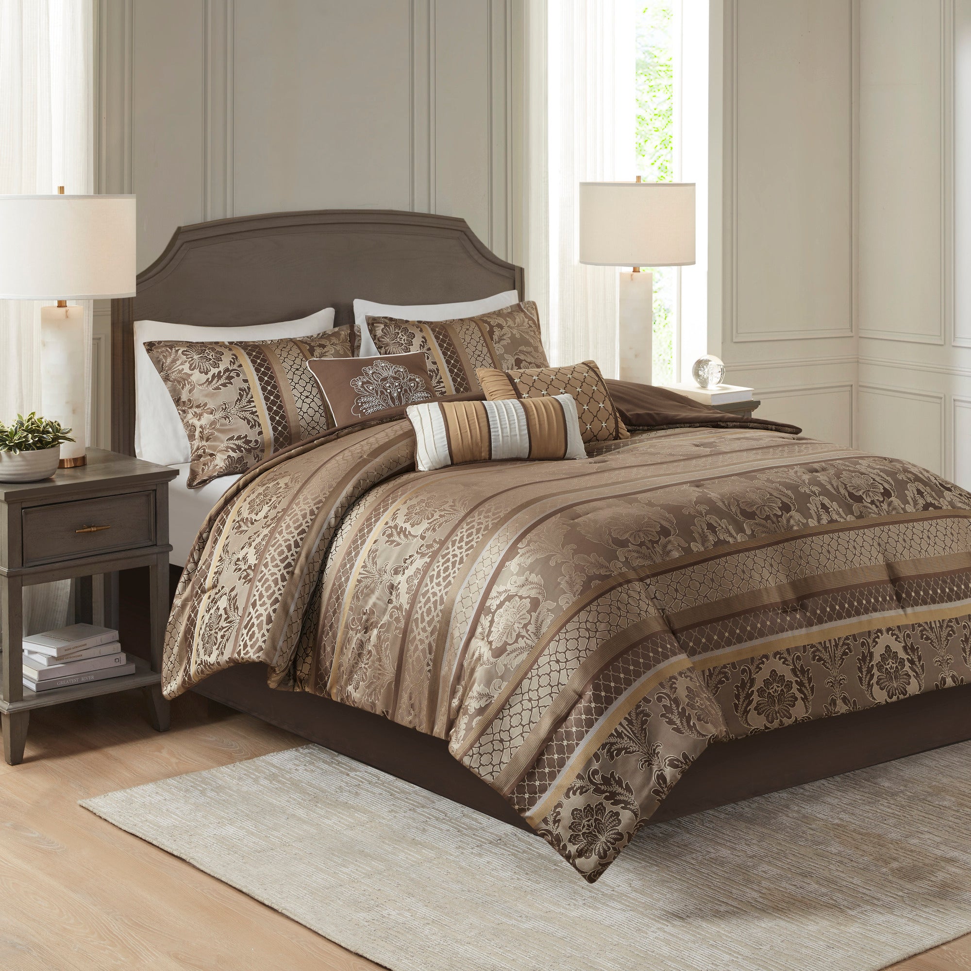 7 Piece Jacquard Comforter Set Brown/Gold Queen