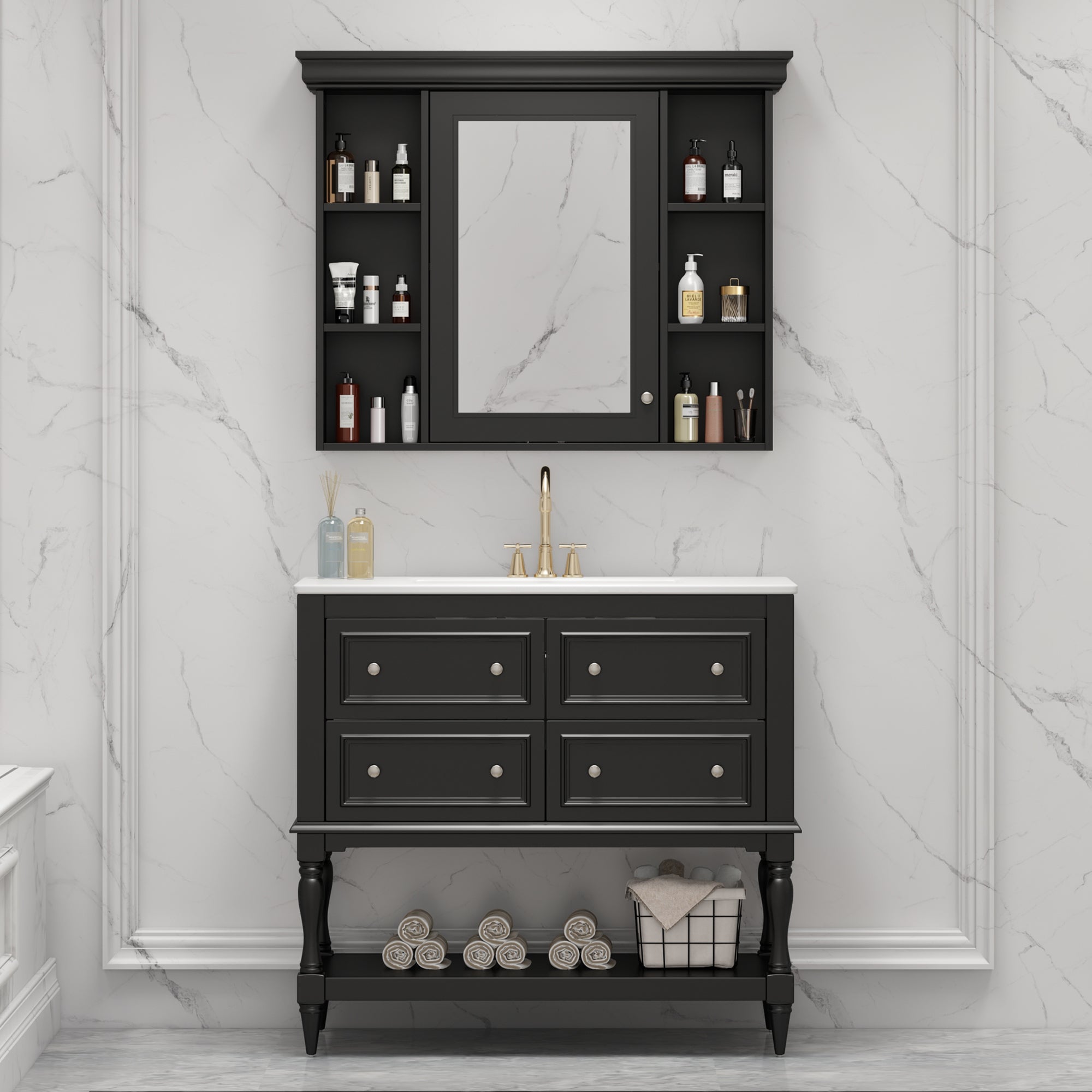 36'' Bathroom Vanity with Medicine Cabinet, Modern Mirror Cabinet with Adjustable Shelf, Bathroom Storage Cabinet with 4 Drawers, Solid Wood Frame Bathroom Storage Cabinet