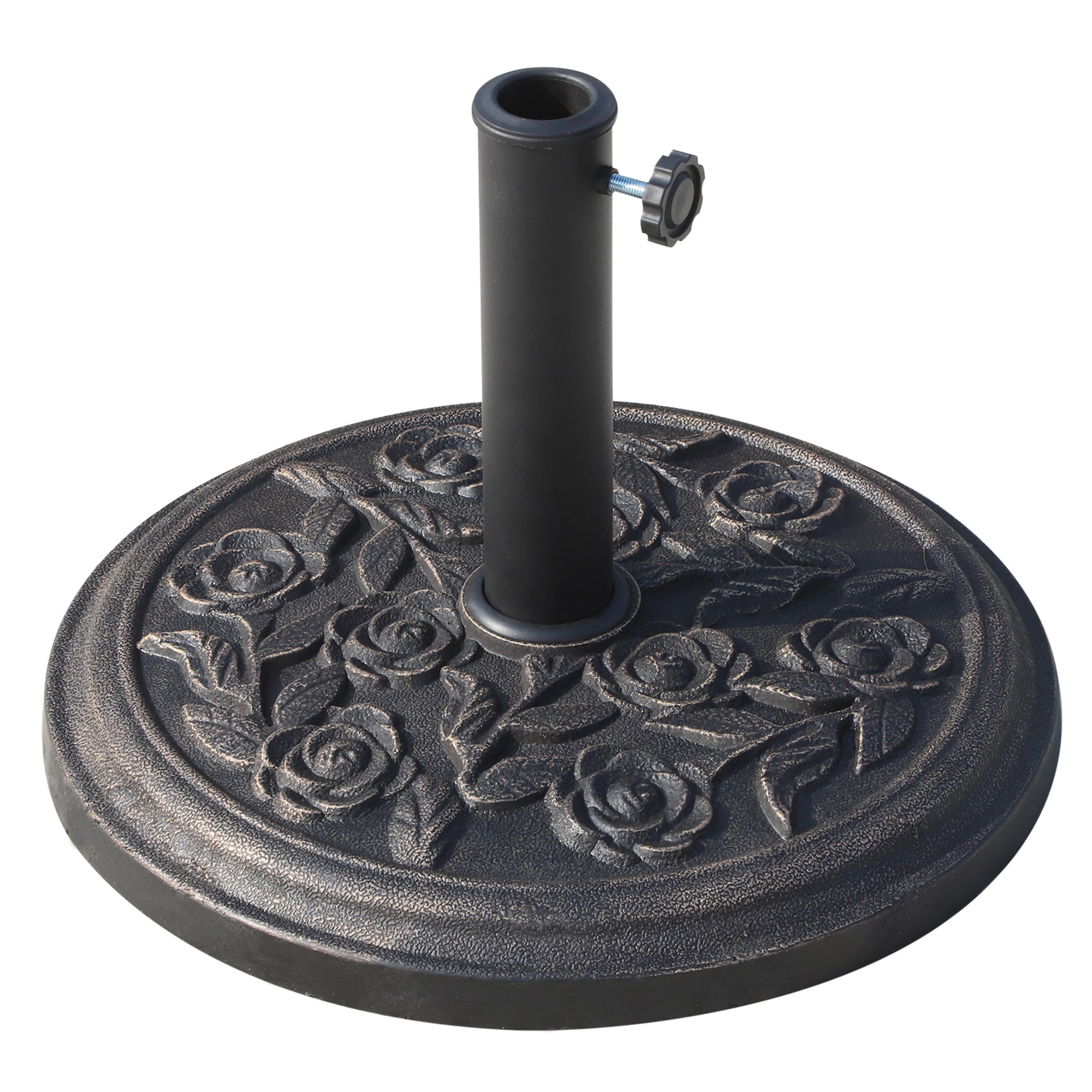 Outsunny 18' 20 lbs Round Resin Umbrella Base Stand Market Parasol Holder with Decorative Rose Floral Pattern & Easy Setup, for Φ1.5', Φ1.89' Pole, for Lawn, Deck, Backyard, Garden, Bronze