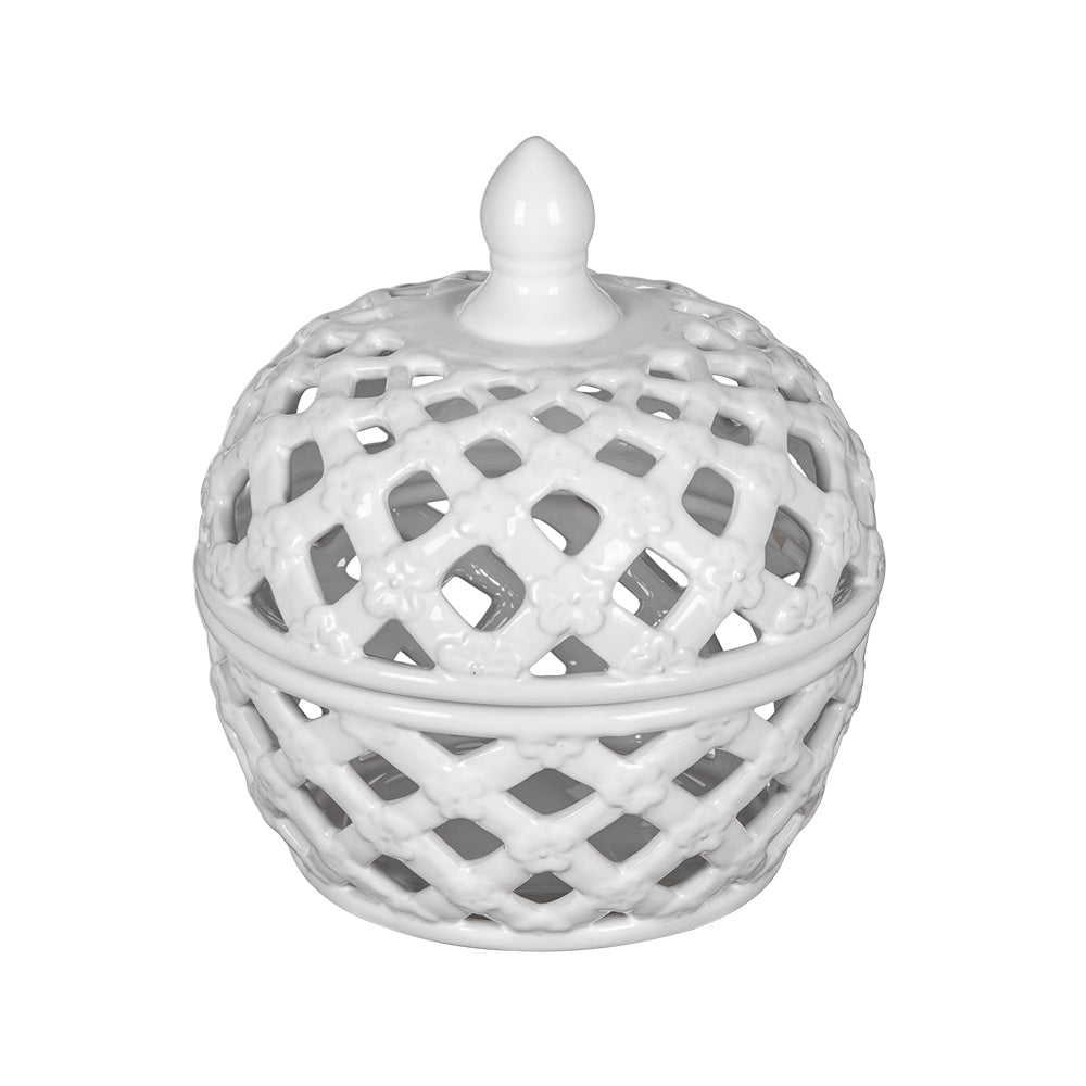 D8x9.5' White Ceramic Lidded Jar with Lattice Design