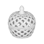 D8x9.5' White Ceramic Lidded Jar with Lattice Design