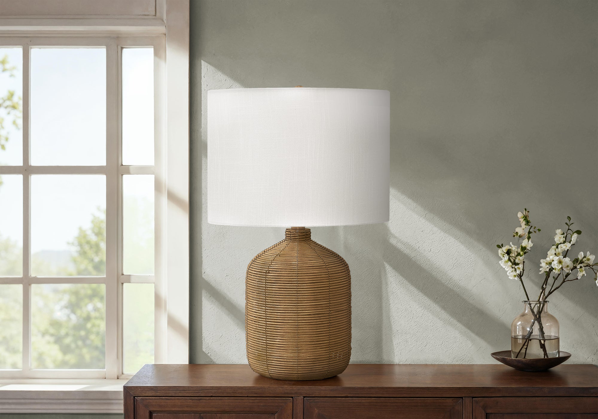 Lighting, 23'h, Table Lamp, Brown Rattan, Beige Shade, Modern