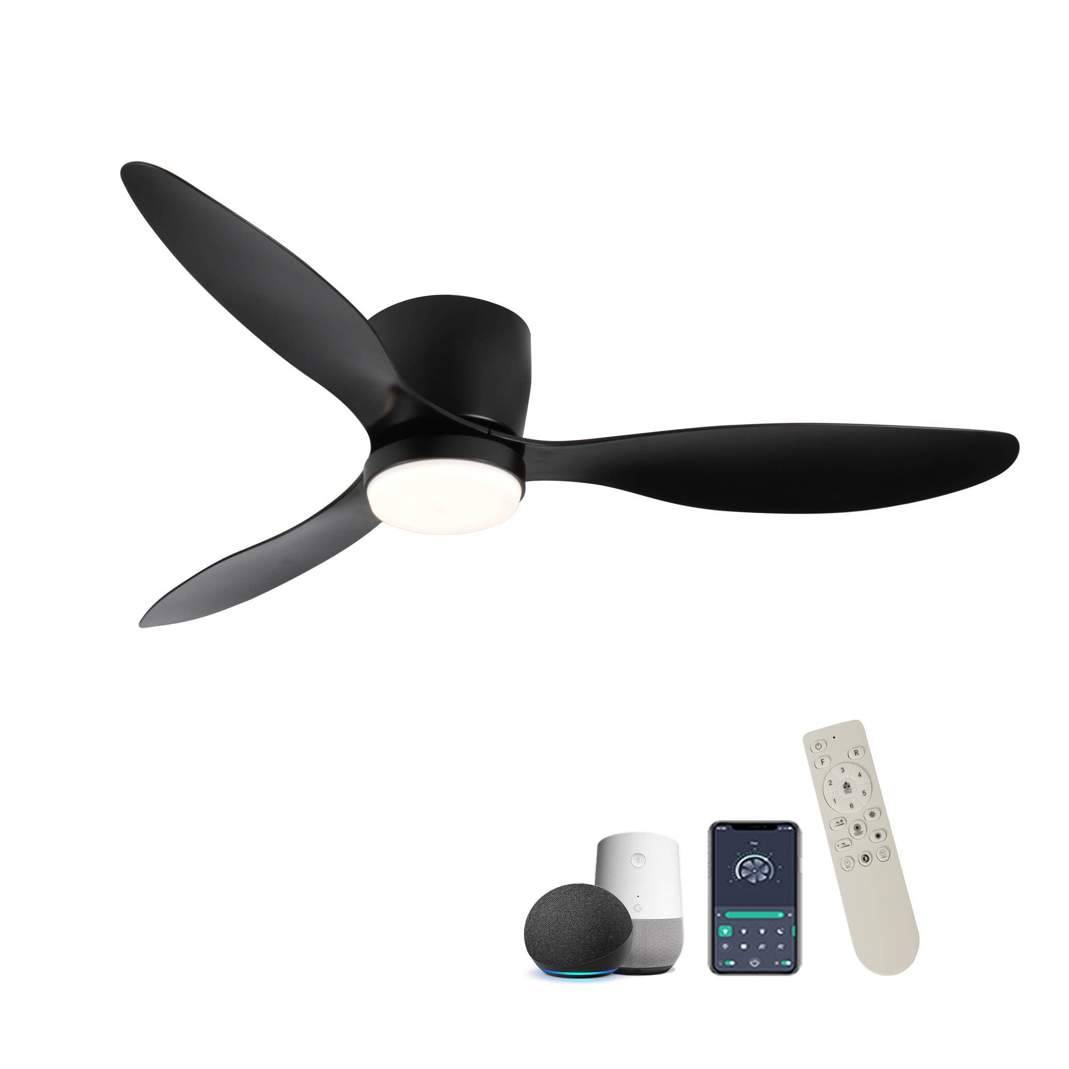 52' Smart Flush Mount black Ceiling Fans with Lights Remote,Quiet DC Motor,Outdoor Indoor Low Profile Ceiling Fan,Control with WIFI Alexa App,Dimmable,ABS blades,for Modern Bedroom Patio