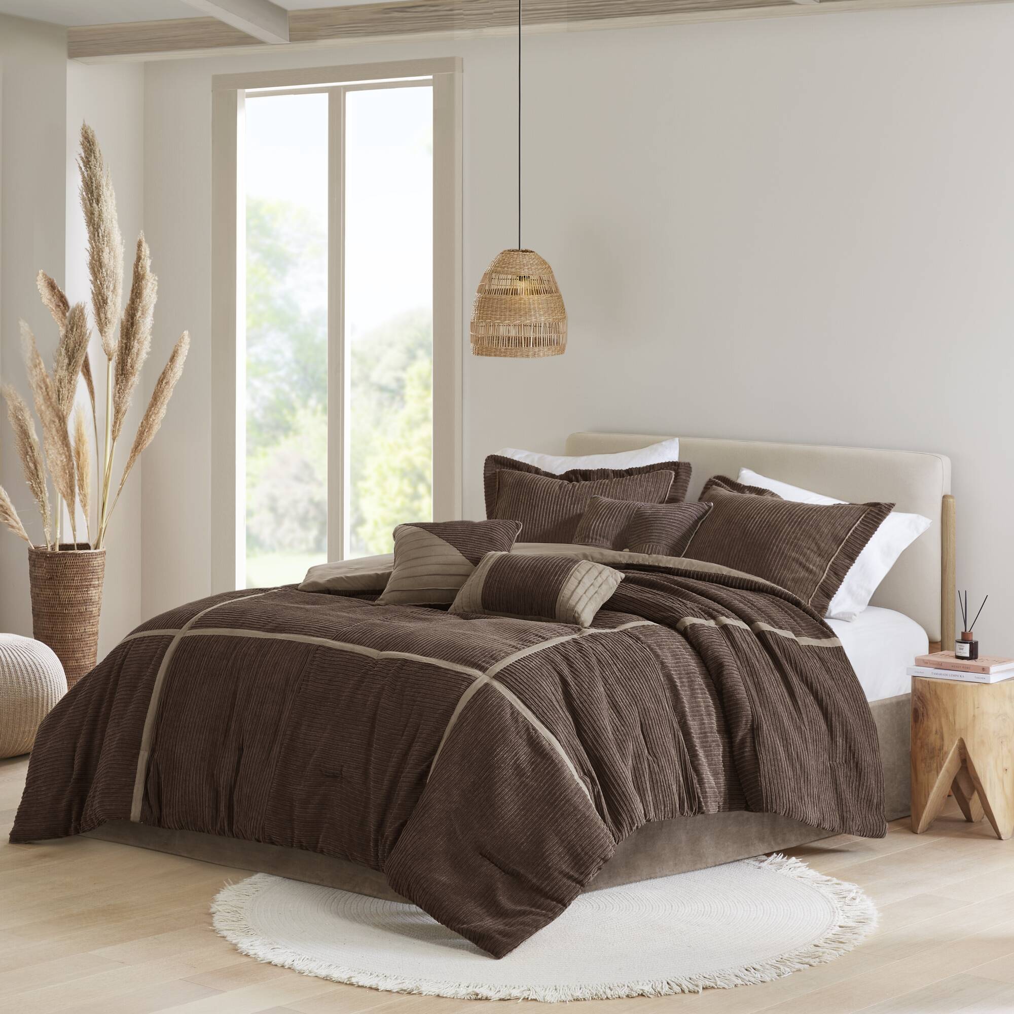7 Piece Micro Corduroy Comforter Set Brown King