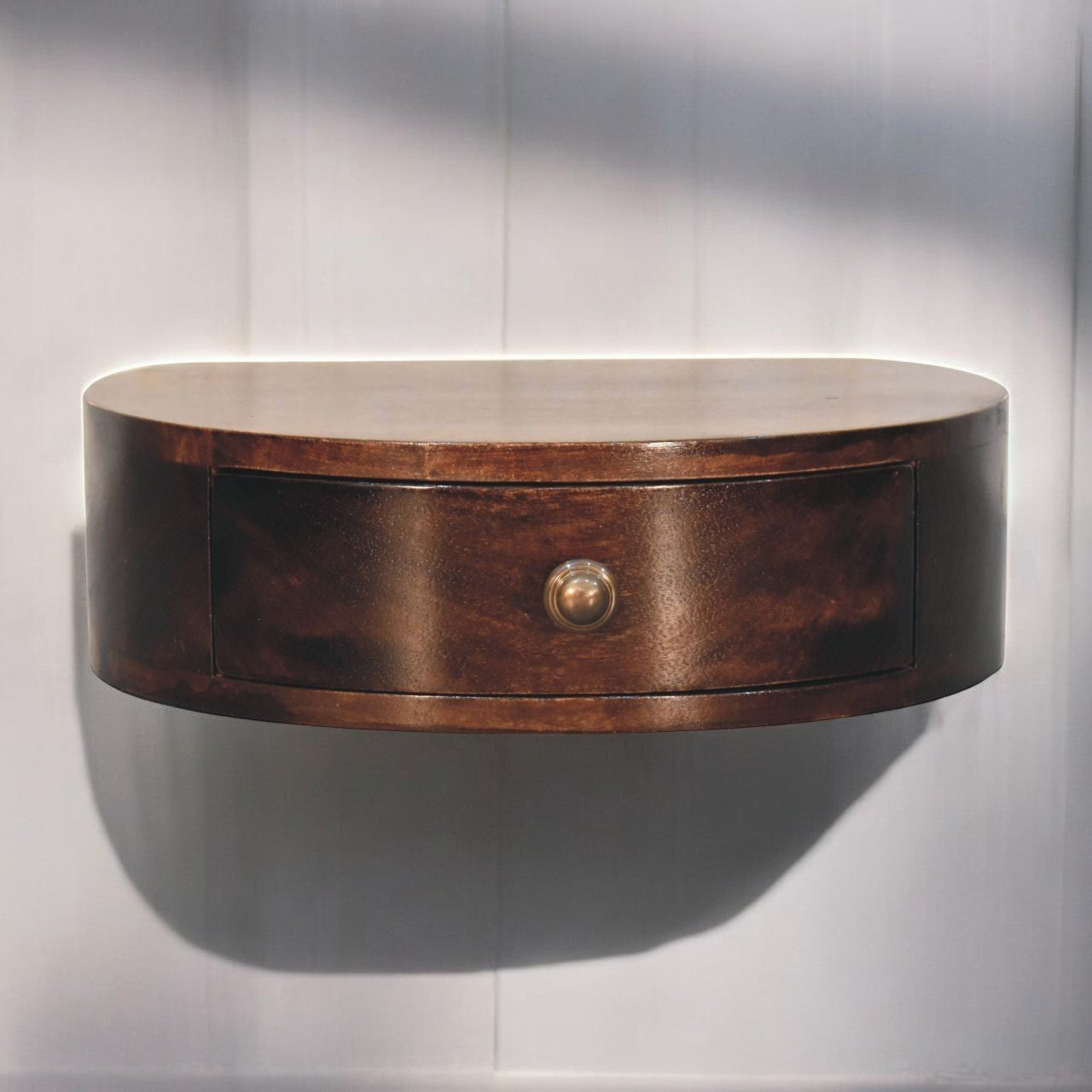 Solid Wood California Walnut Wall-Mounted Rounded Bedside, 1-Drawer, Brown