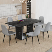 Table and chair set.Black Marble Pattern MDF Dining Table Set - 63'x35.4' with 6 Light Gray Linen Fabric Chairs.Integrated Seat and Backrest,Linen-Cotton Material.Suitable for kitchen,Dining room,etc.
