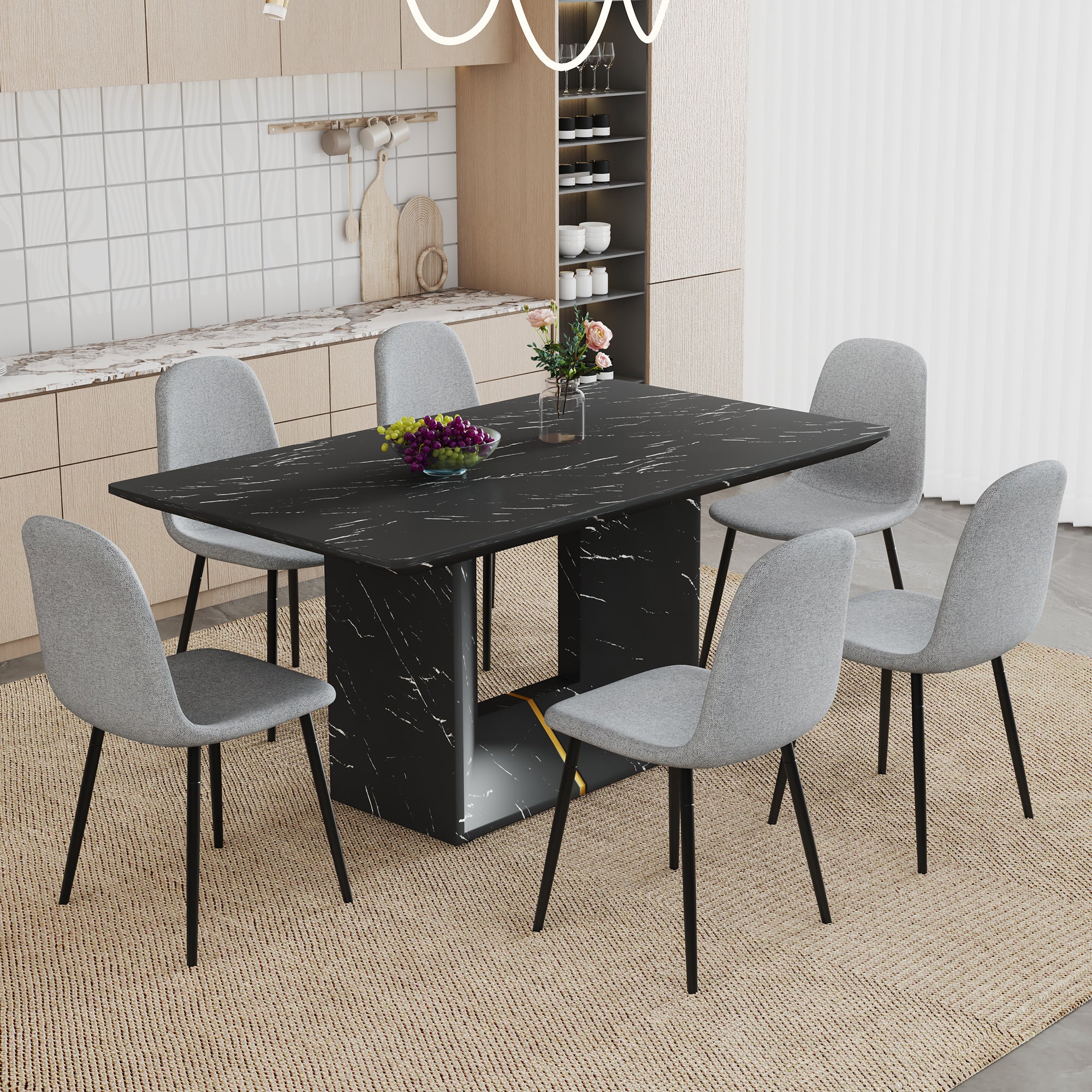 Table and chair set.Black Marble Pattern MDF Dining Table Set - 63'x35.4' with 6 Light Gray Linen Fabric Chairs.Integrated Seat and Backrest,Linen-Cotton Material.Suitable for kitchen,Dining room,etc.