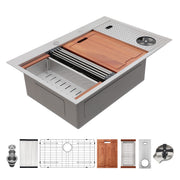 Brushed Nickel Single Bowl Workstation Kitchen Sink with Cup Washer 33x22 inch 16 Gauge Stainless Steel