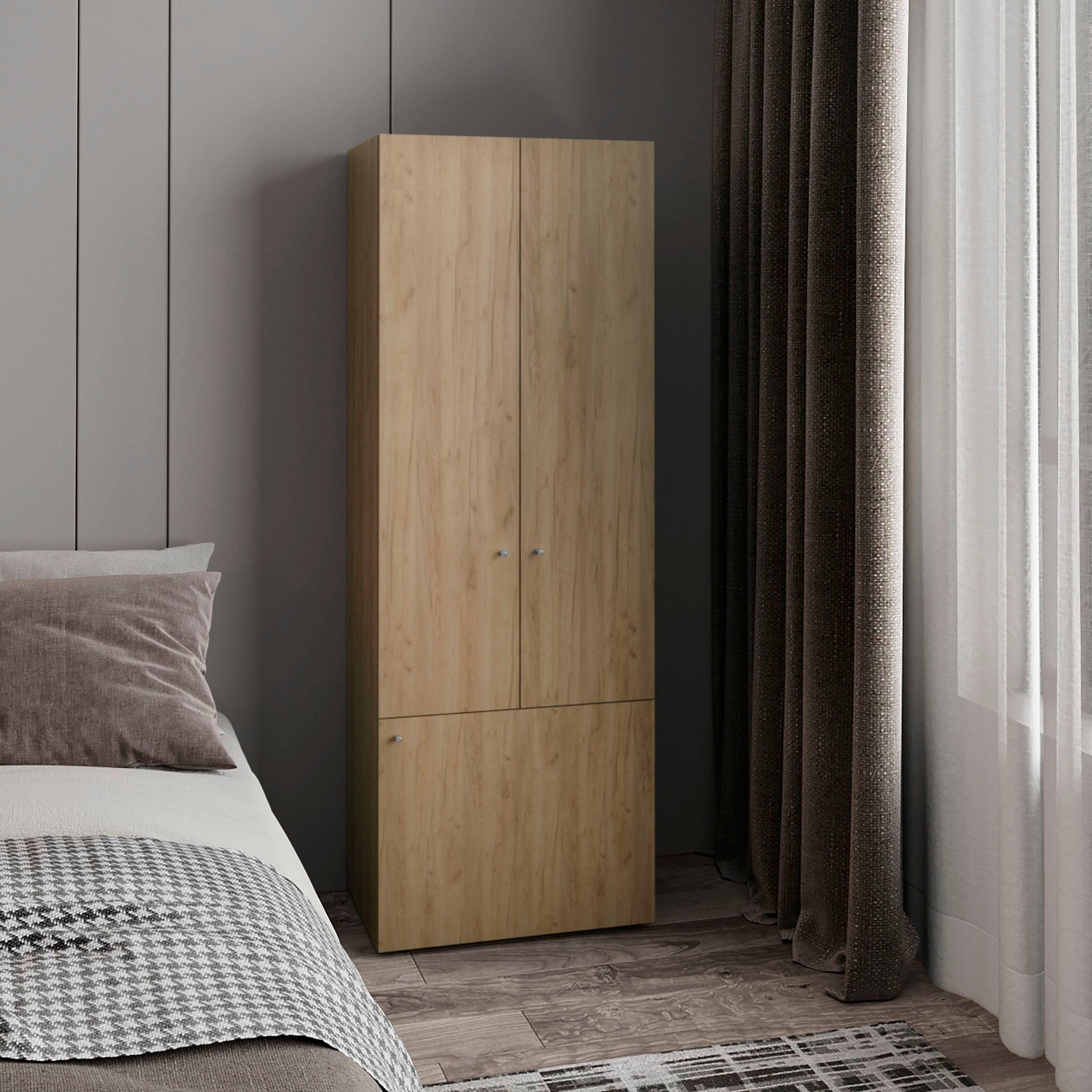 Home 3 Door Closet System with Hanging Rod for clothes and interior Shelves, Manufactured Wood Freestanding Bedroom Storage, Utility Room or Laundry Room Furniture, Natural Oak