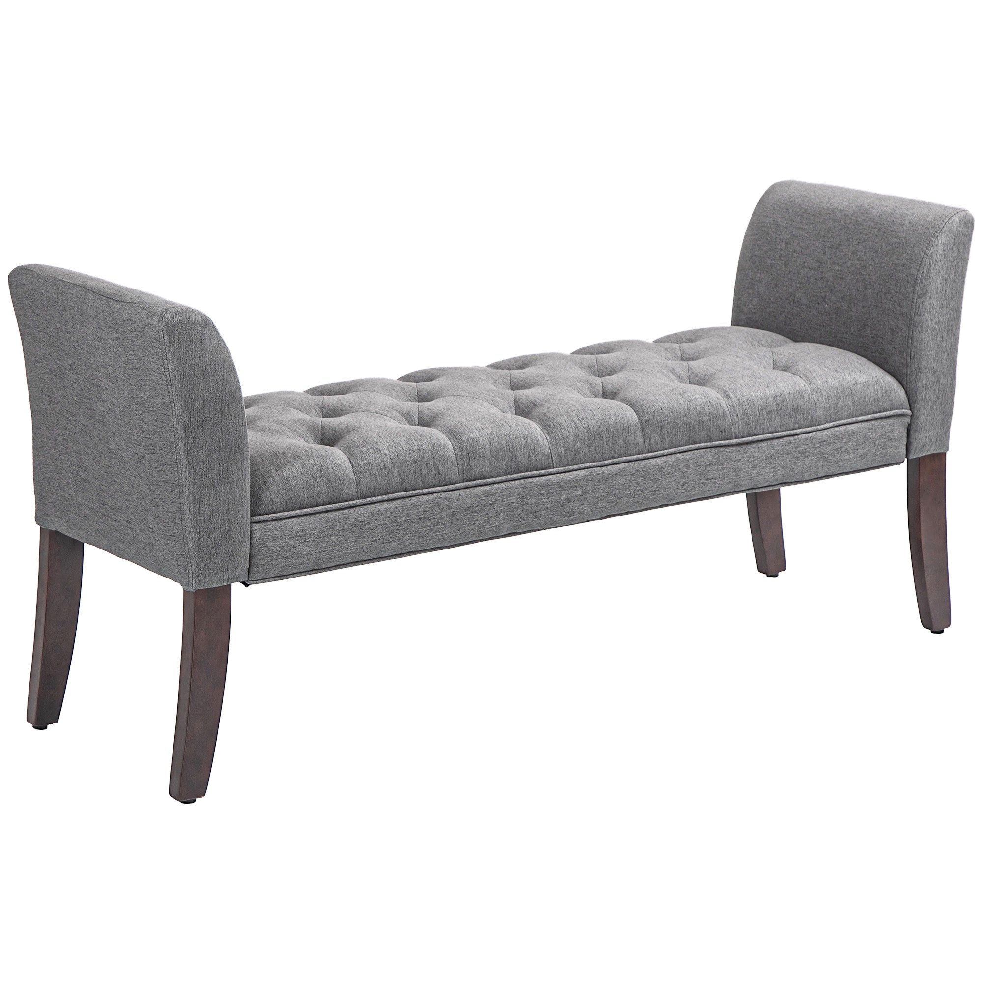 HOMCOM End of Bed Bench with Button Tufted Design, Upholstered Bedroom Entryway Bench with Arms and Solid Wood Legs for Bedroom, Dark Gray