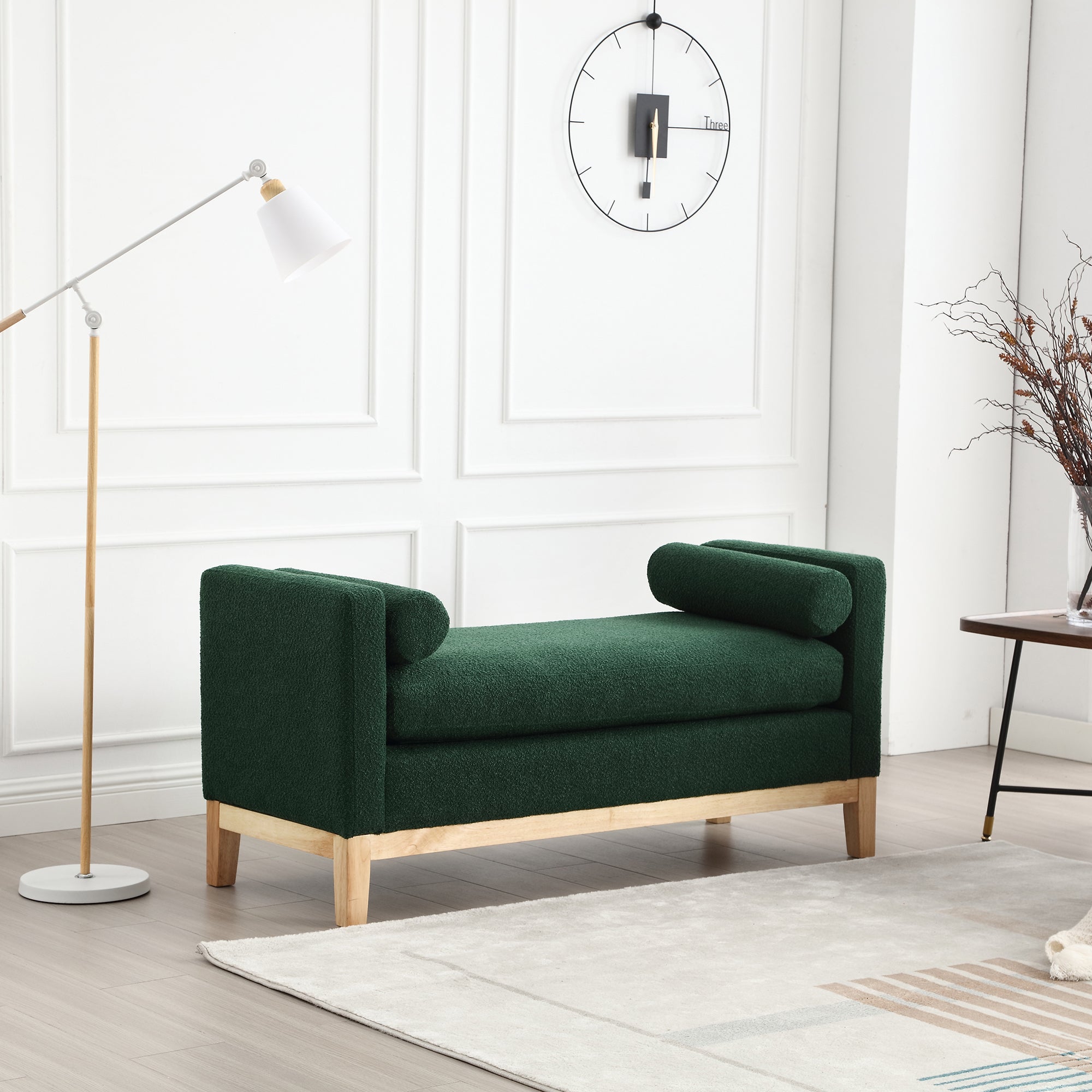 53.5'W Elegant Upholstered Bench, Ottoman with Wood Legs & Bolster Pillows for End of Bed, Bedroom, Living Room, Entryway, Green