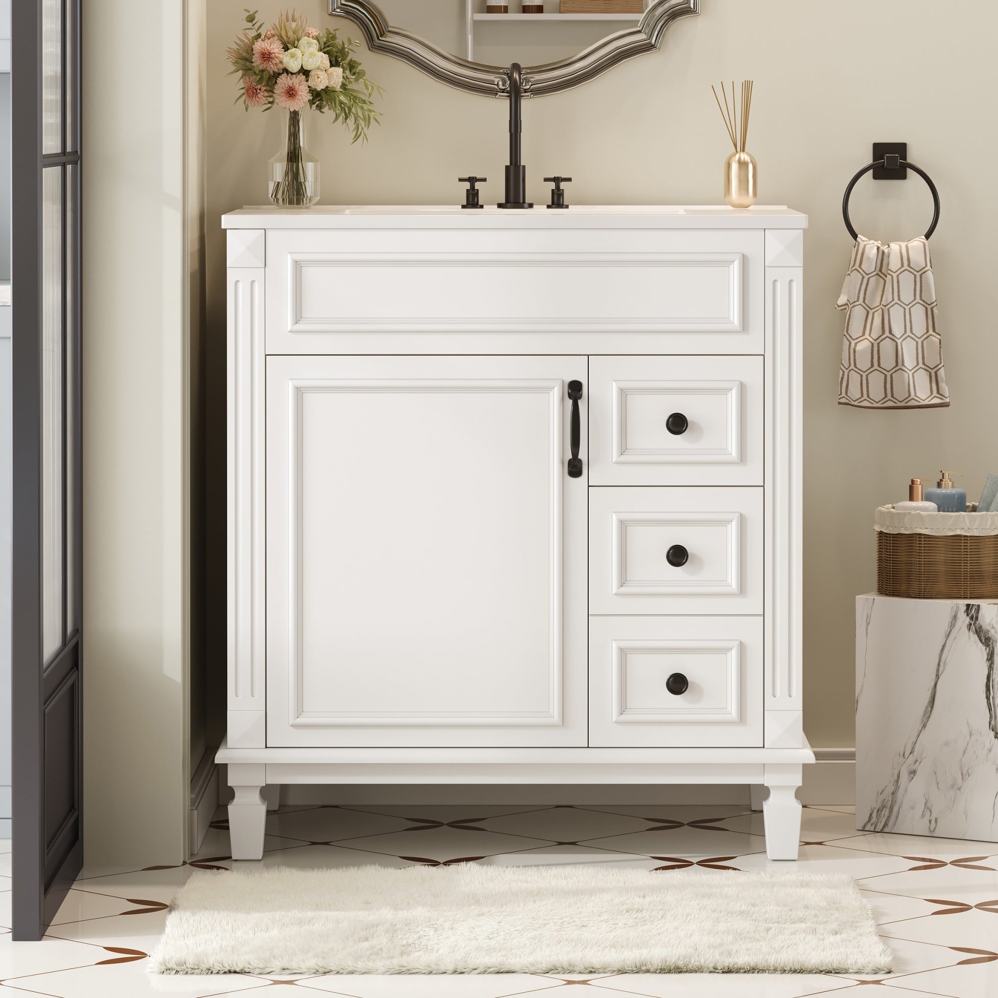 30' Bathroom Vanity with Ceramic Sink, Small Bathroom Sink Cabinet, Modern Cabinet with 2 Drawers and Adjustable Shelf