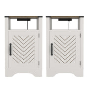 Farmhouse Nightstand Side Table, Wooden Rustic End Table, Tall Bedside Table with Electrical Outlets Charging Station  (2 Sets) - White & Oak