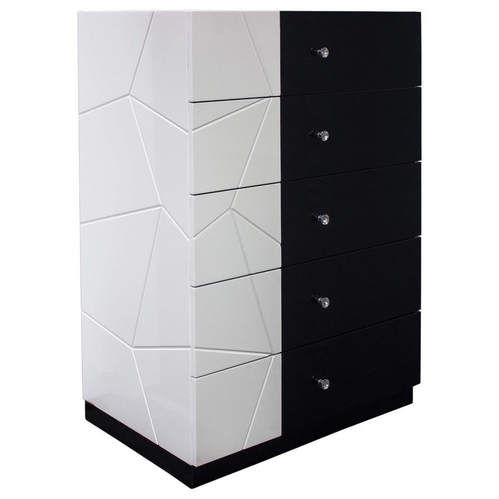 Modern Bedroom 5-Drawer Chest Lacquer Finish Wood Storage Unit, Clothes Organizer, Geometric Pattern and Crystal Knob, Black/White