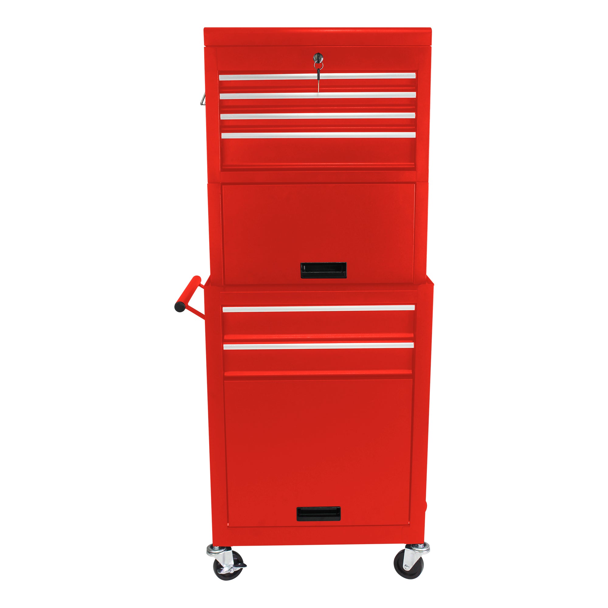 6-Drawer Lockable Tool Cabinet on Wheels – Red Steel Rolling Tool Chest with Detachable Toolbox – 2-in-1 Garage Workshop Storage Organizer with 4 Universal Casters