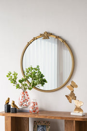 30x31' Round Wall Mirror With Gold Finish And Decorative Leaf Crest