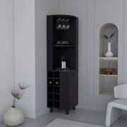 Kaia 70' Tall Corner Bar Cabinet With Four Shelves, Ten Wine Bottle Cubbies and Stemware in Black Wengue