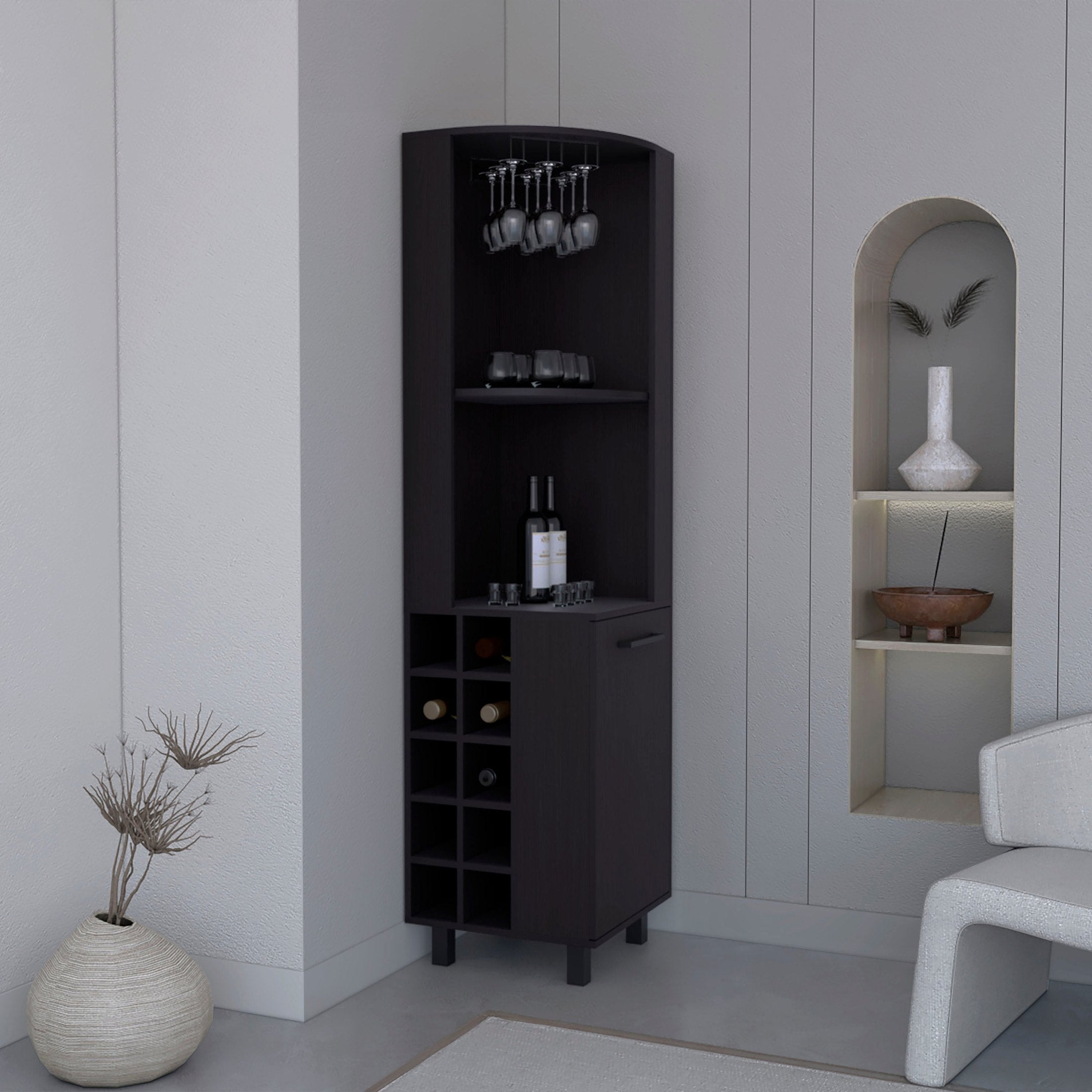 Kaia 70' Tall Corner Bar Cabinet With Four Shelves, Ten Wine Bottle Cubbies and Stemware in Black Wengue